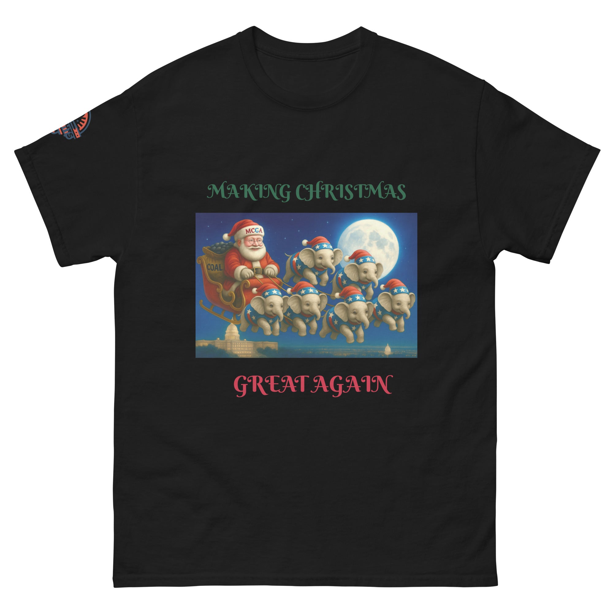 Black conservative Christmas T-shirt with Santa in MAGA hat and patriotic elephants flying over Capitol - festive political holiday shirt.