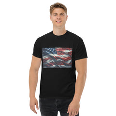Man wearing black Waves of Freedom USA flag T-Shirt 