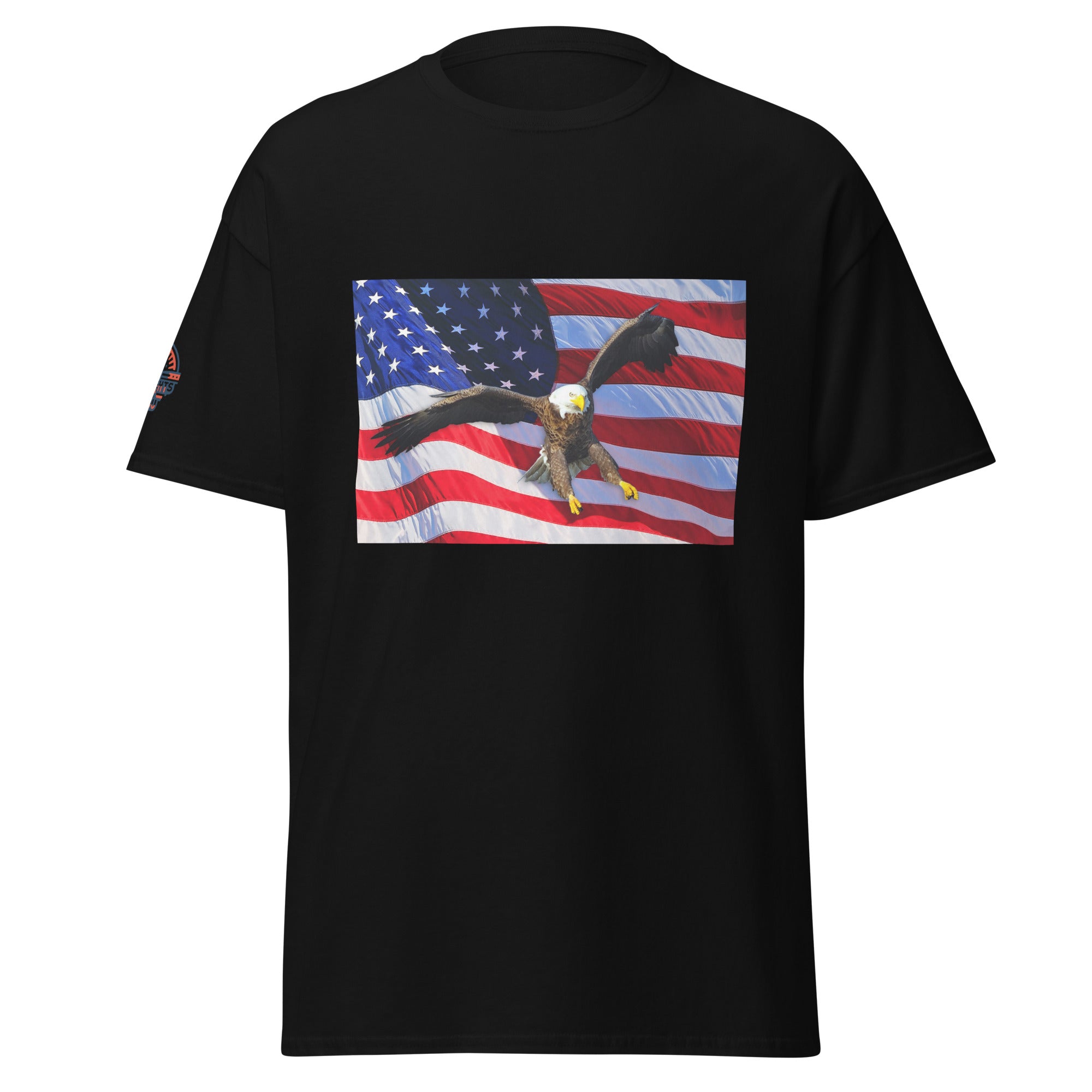 Black t-shirt with an American flag and bald eagle design.