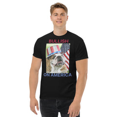 Patriotic Bullish on America Bulldog with Uncle Sam hat Shirt in black on male model