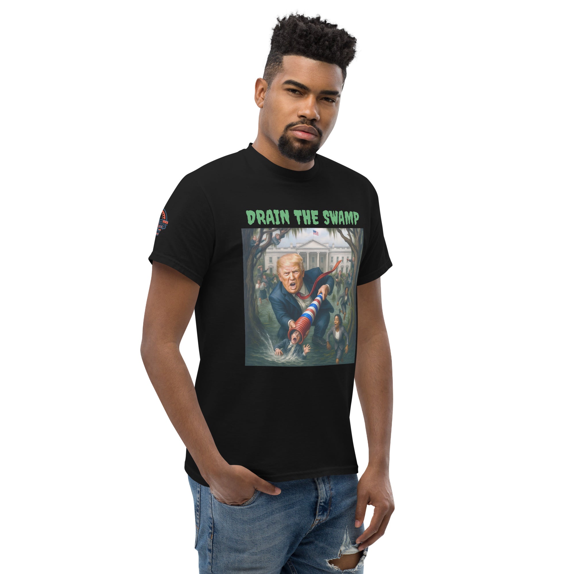 Man wearing black conservative Trump Drain The Swamp shirt - political statement T-shirt
