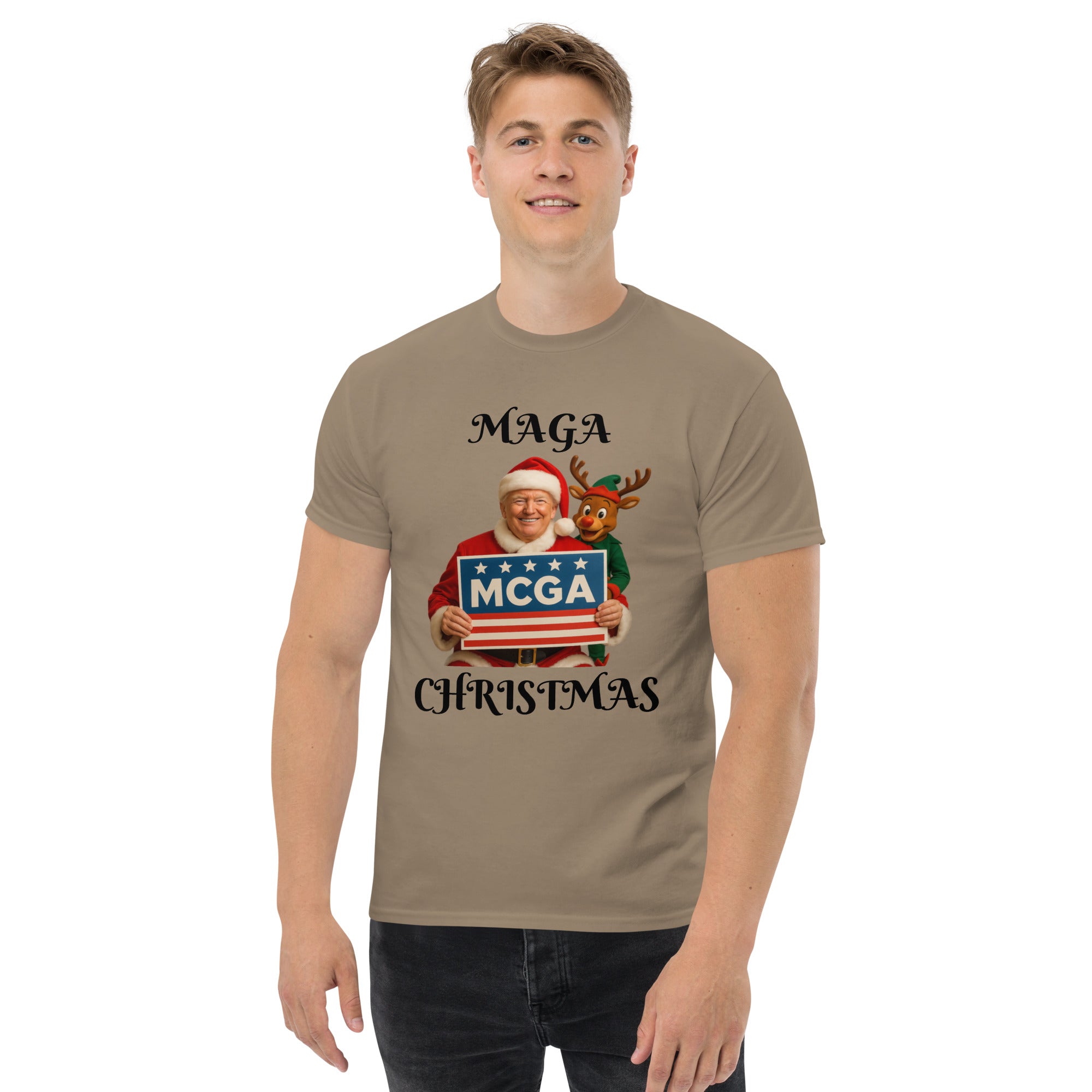 Man wearing MAGA Trump Christmas T-shirt in brown savana - patriotic holiday shirt