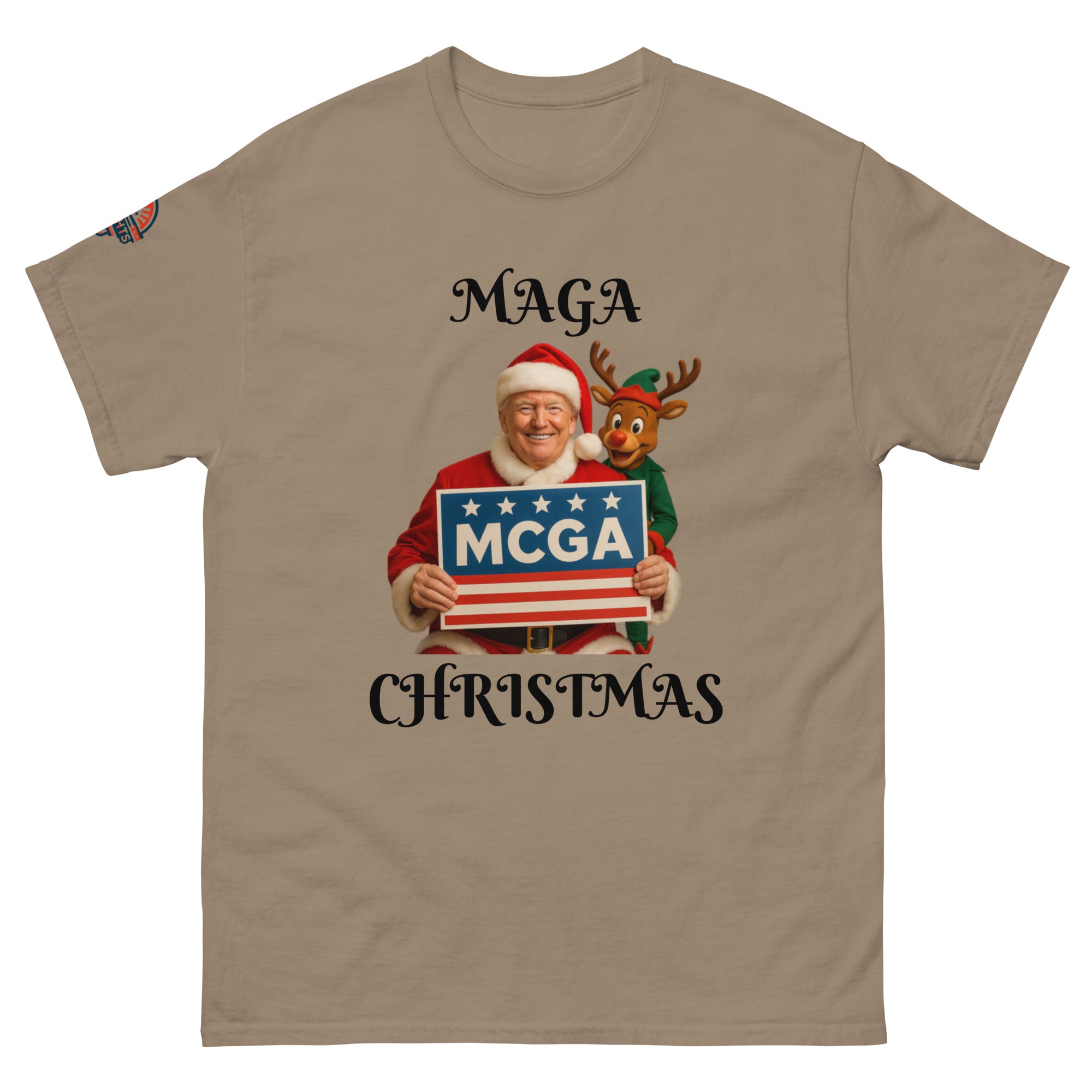 Santa Trump MAGA Christmas T-Shirt in brown savana - patriotic holiday shirt