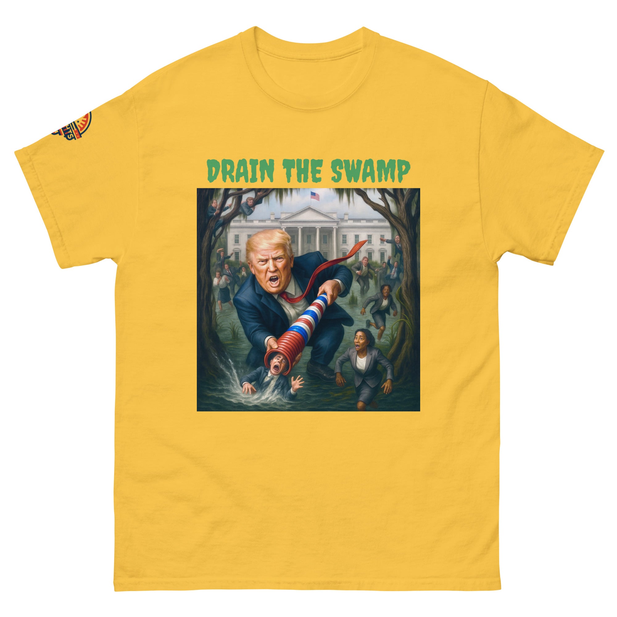 Yellow Drain The Swamp Trump T-shirt with bold patriotic design - MAGA rally shirt.
