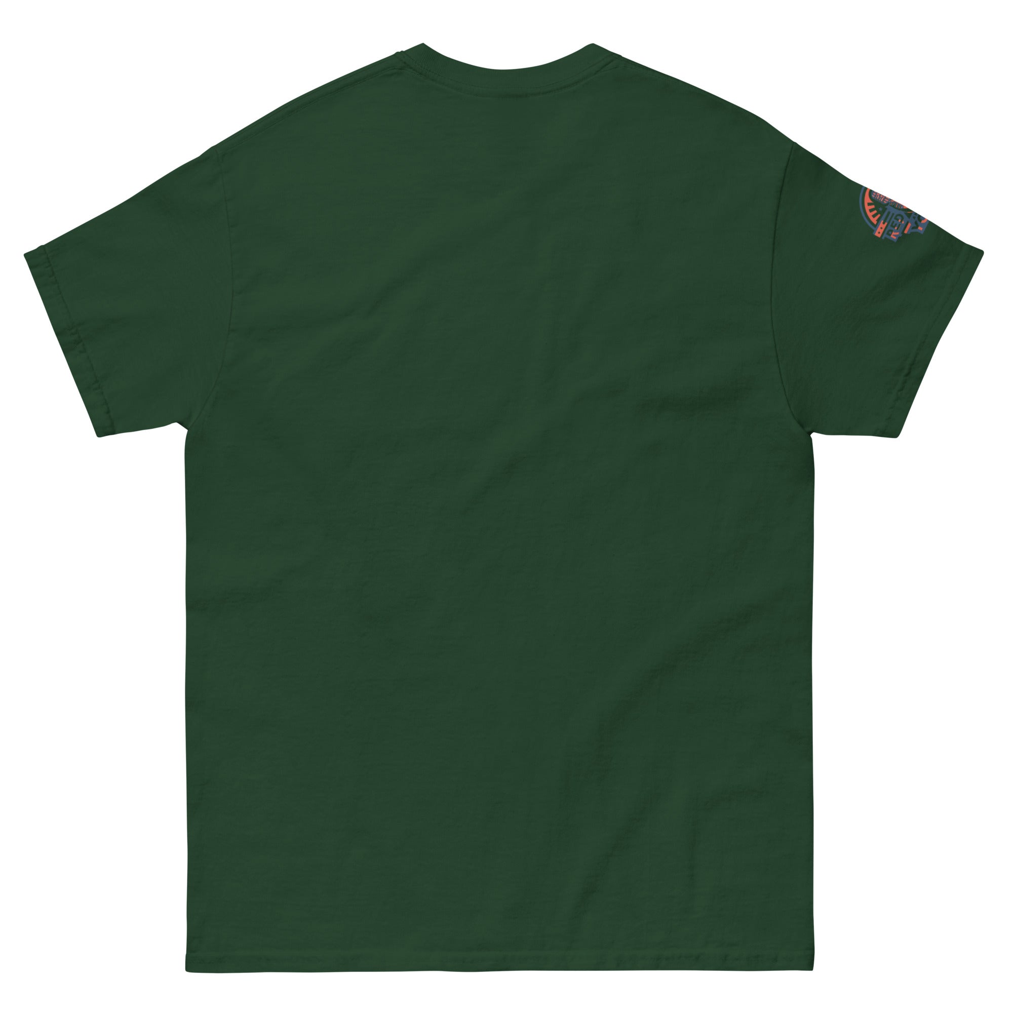 Green t-shirt with a red rights and you logo on the sleeve.