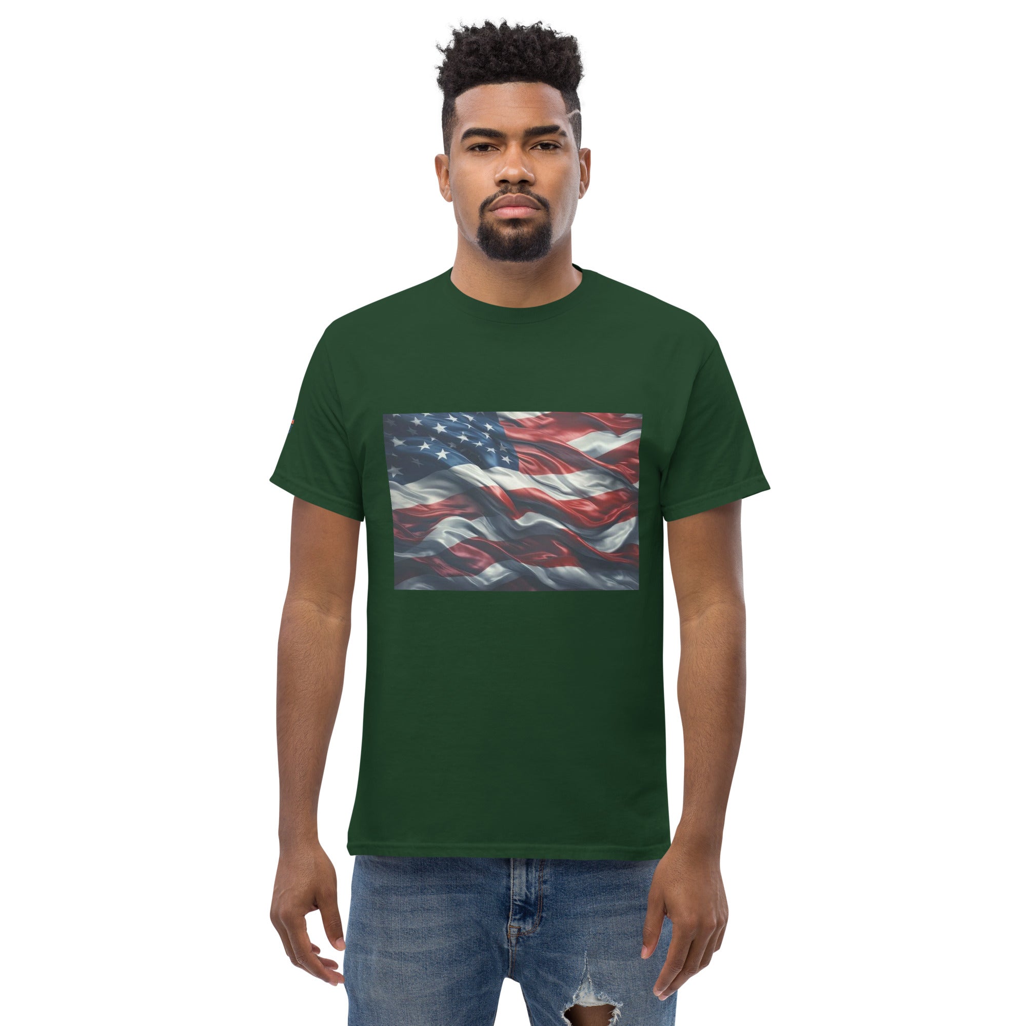 Man wearing green Waves of Freedom USA flag T-Shirt