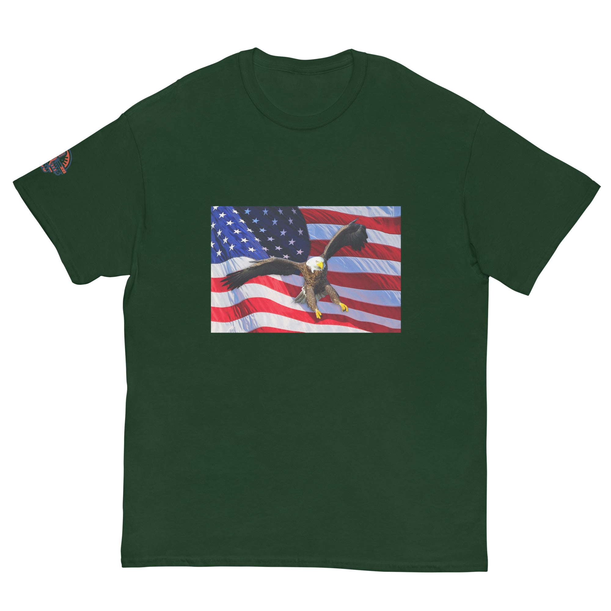 Green t-shirt with an American flag and bald eagle design.