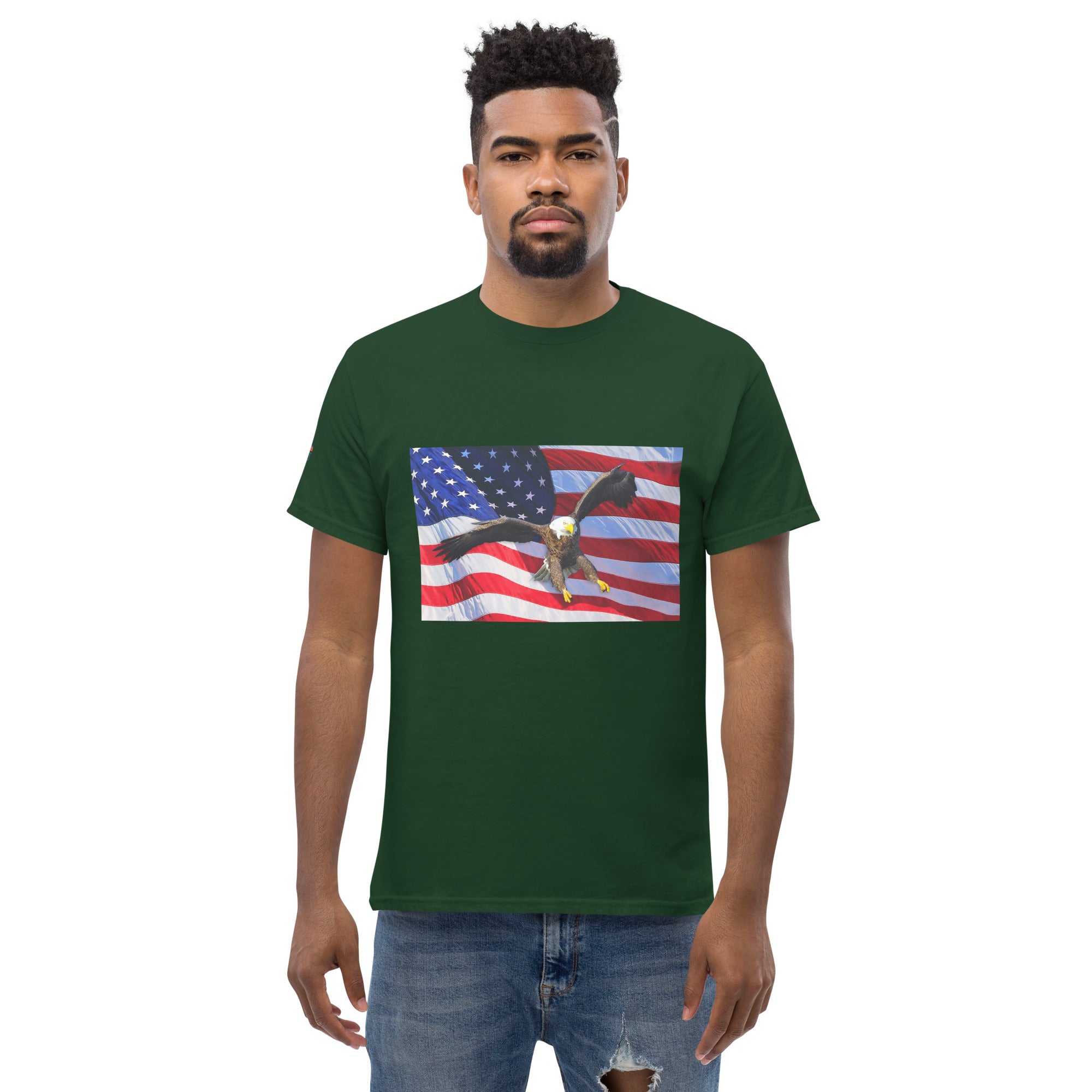 Man wearing a green t-shirt with an American flag and bald eagle design.
