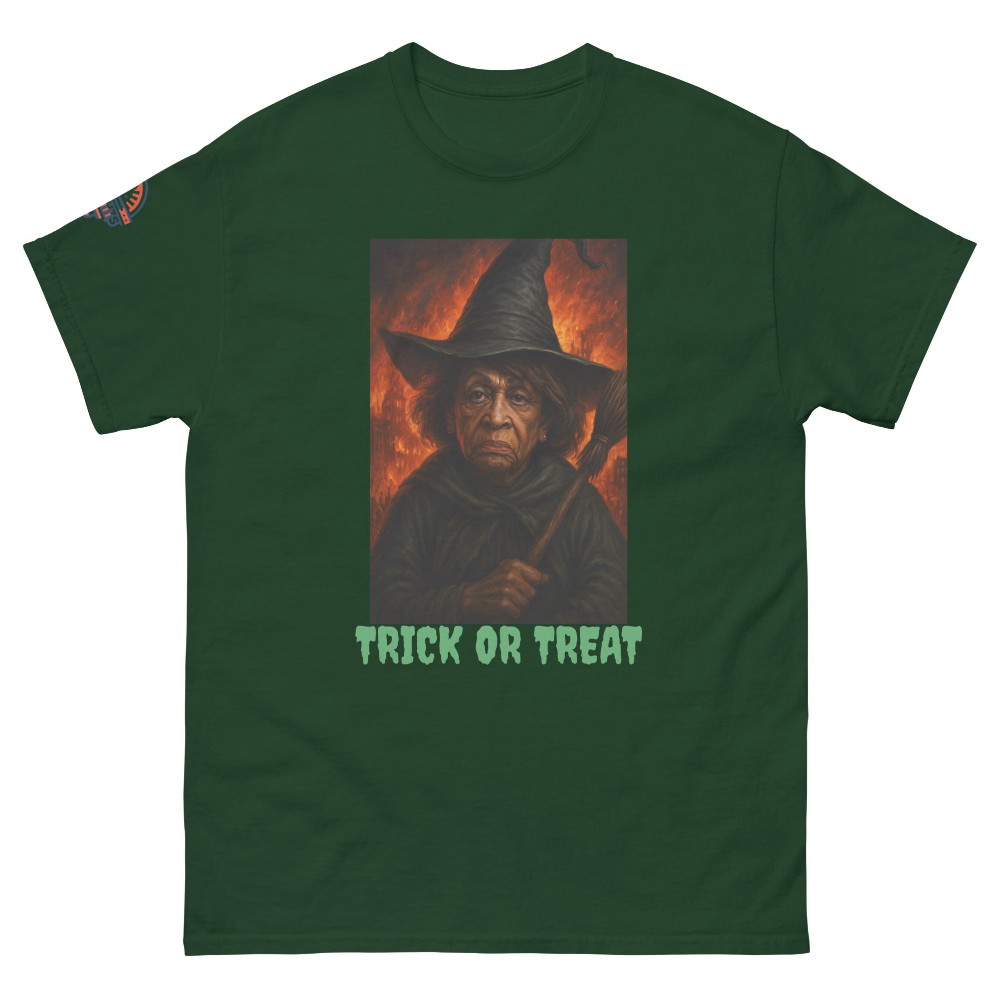 Funny Halloween Witch Green T-Shirt - Scary Trick or Treat Graphic Tee (front view)