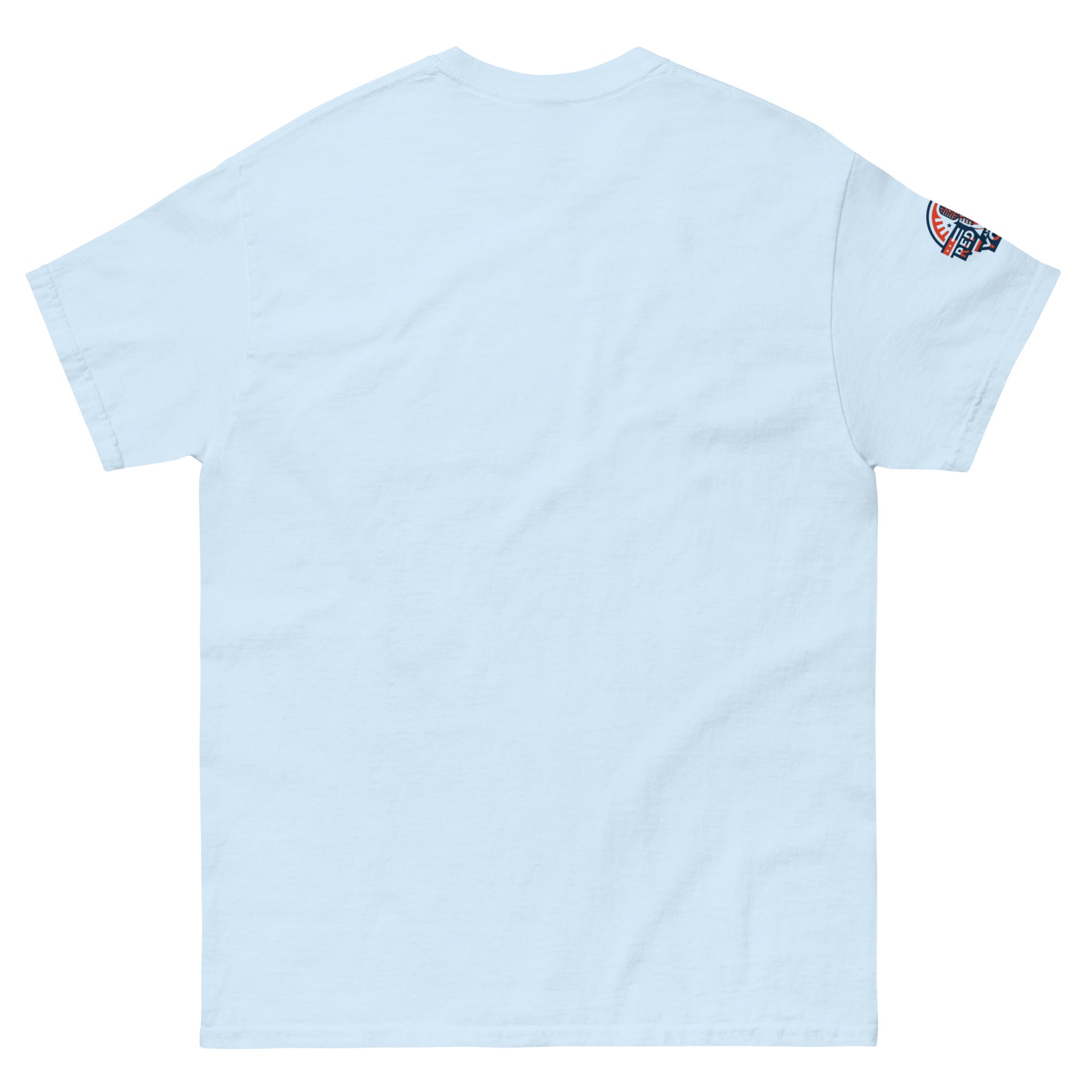 Light blue t-shirt with a red rights and you  logo on the sleeve.