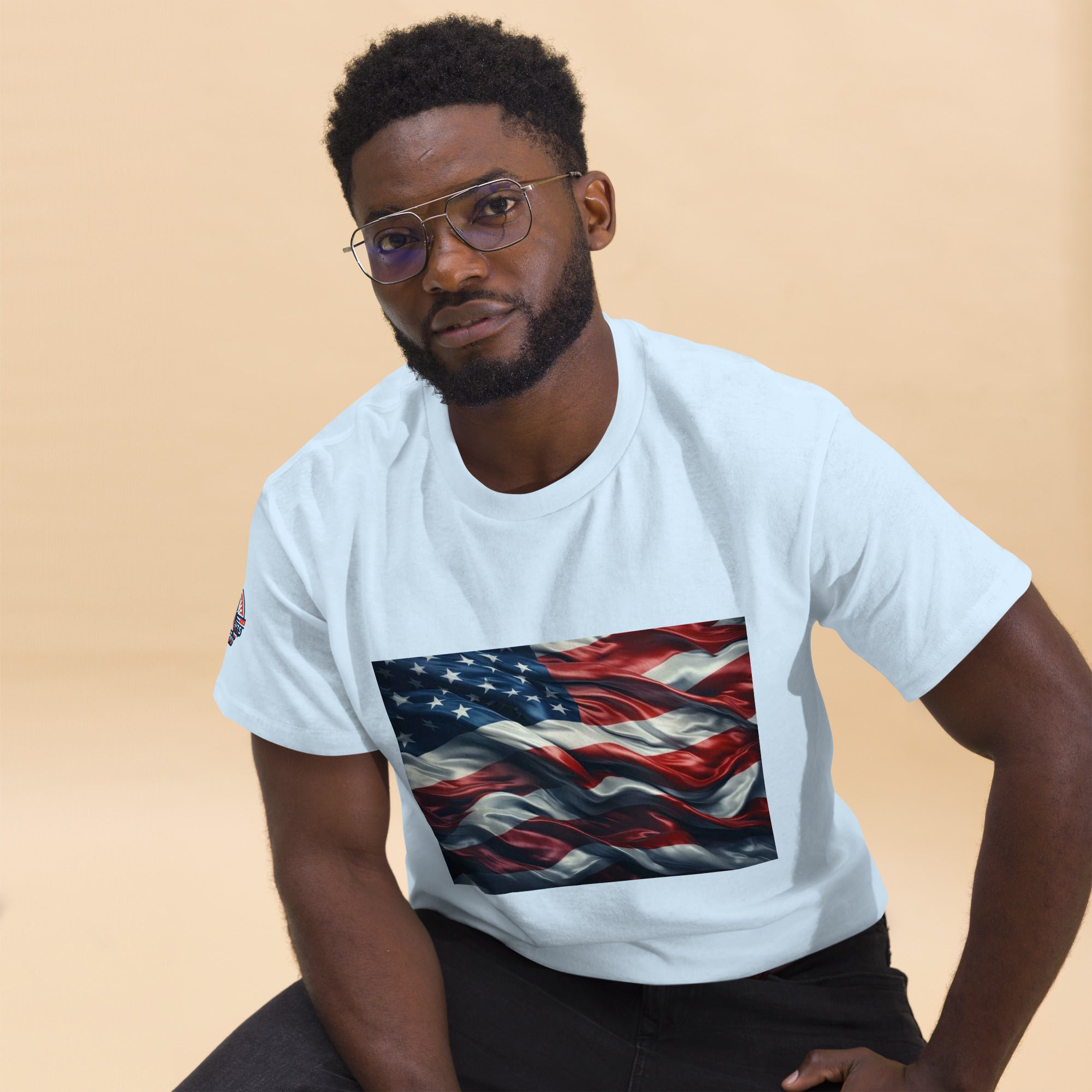Man wearing white Waves of Freedom USA flag T-Shirt