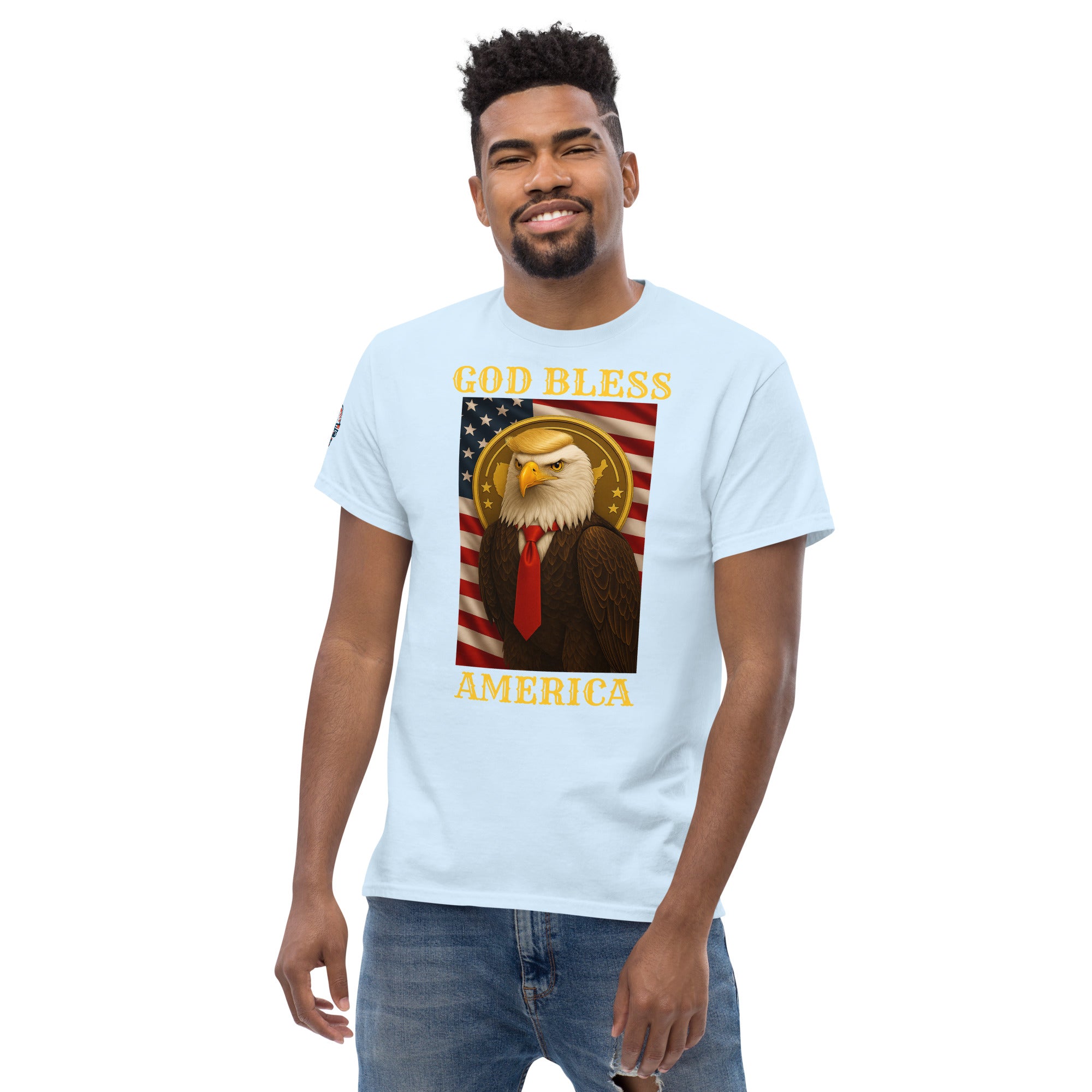 Patriotic God Bless America Trump eagle T-shirt available in multiple colors, unisex classic fit tee