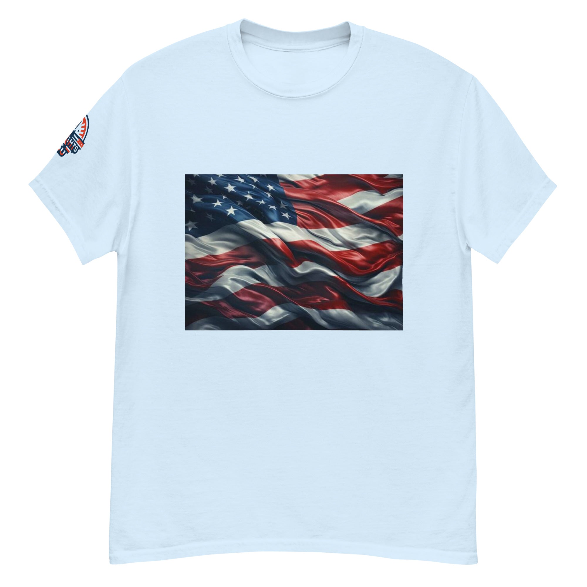 Light Blue Waves of Freedom American Flag T-Shirt - Patriotic USA Tee Unisex (front view)