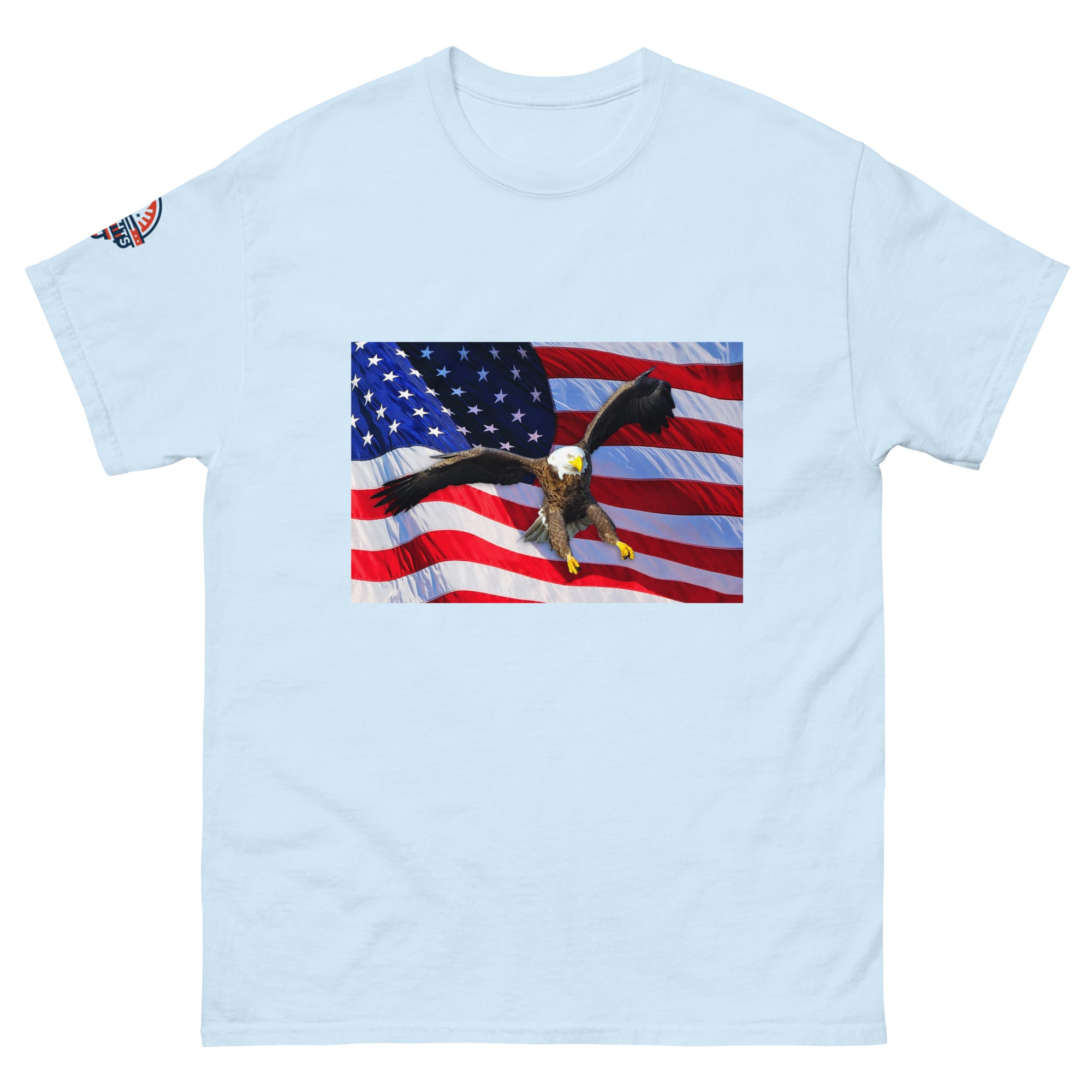 Light blue t-shirt with an American flag and bald eagle design.