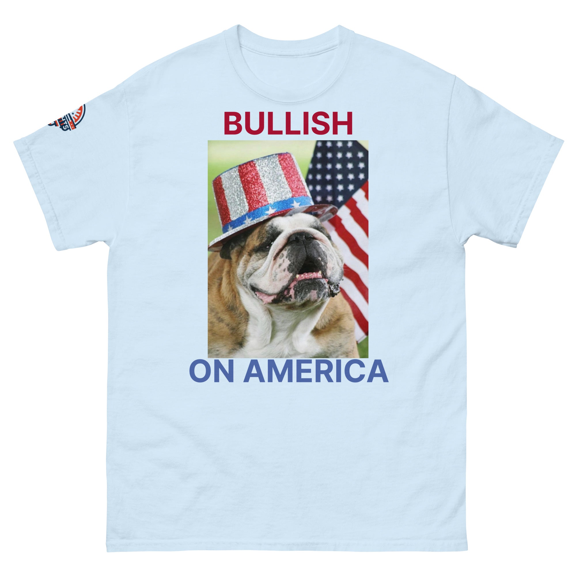 Bullish on America English Bulldog T-Shirt with Uncle Sam hat in light blue - patriotic USA dog lover tee