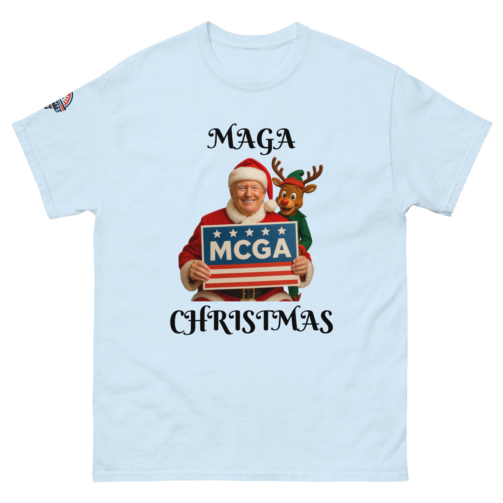 Santa Trump MAGA Christmas T-Shirt in light blue - patriotic holiday shirt