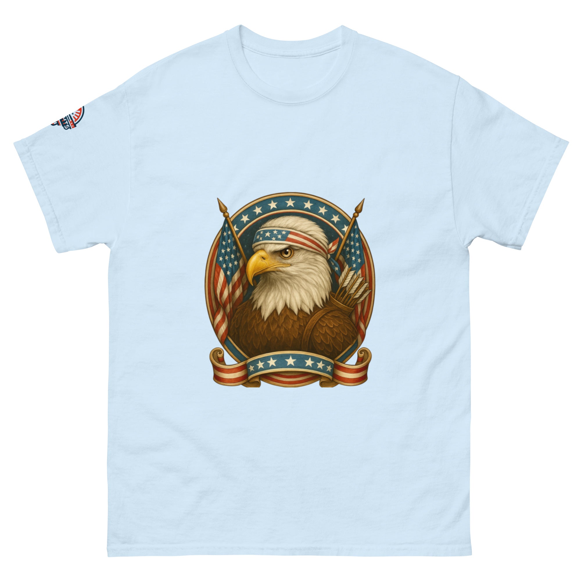 Light blue patriotic bald eagle tee - Freedom Fighter Eagle shirt with flag headband