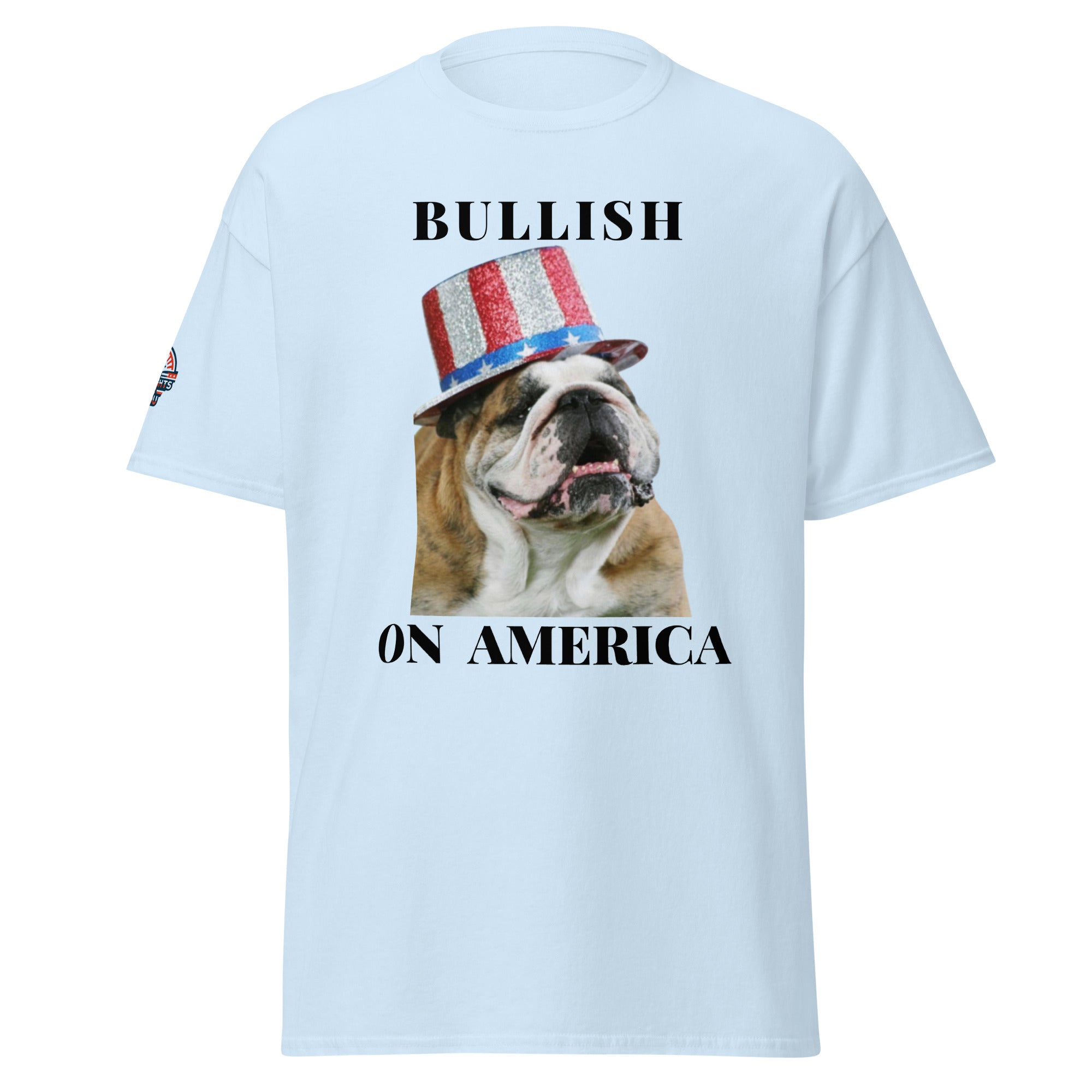 Bullish on America English Bulldog T-Shirt in light blue - patriotic dog lover tee
