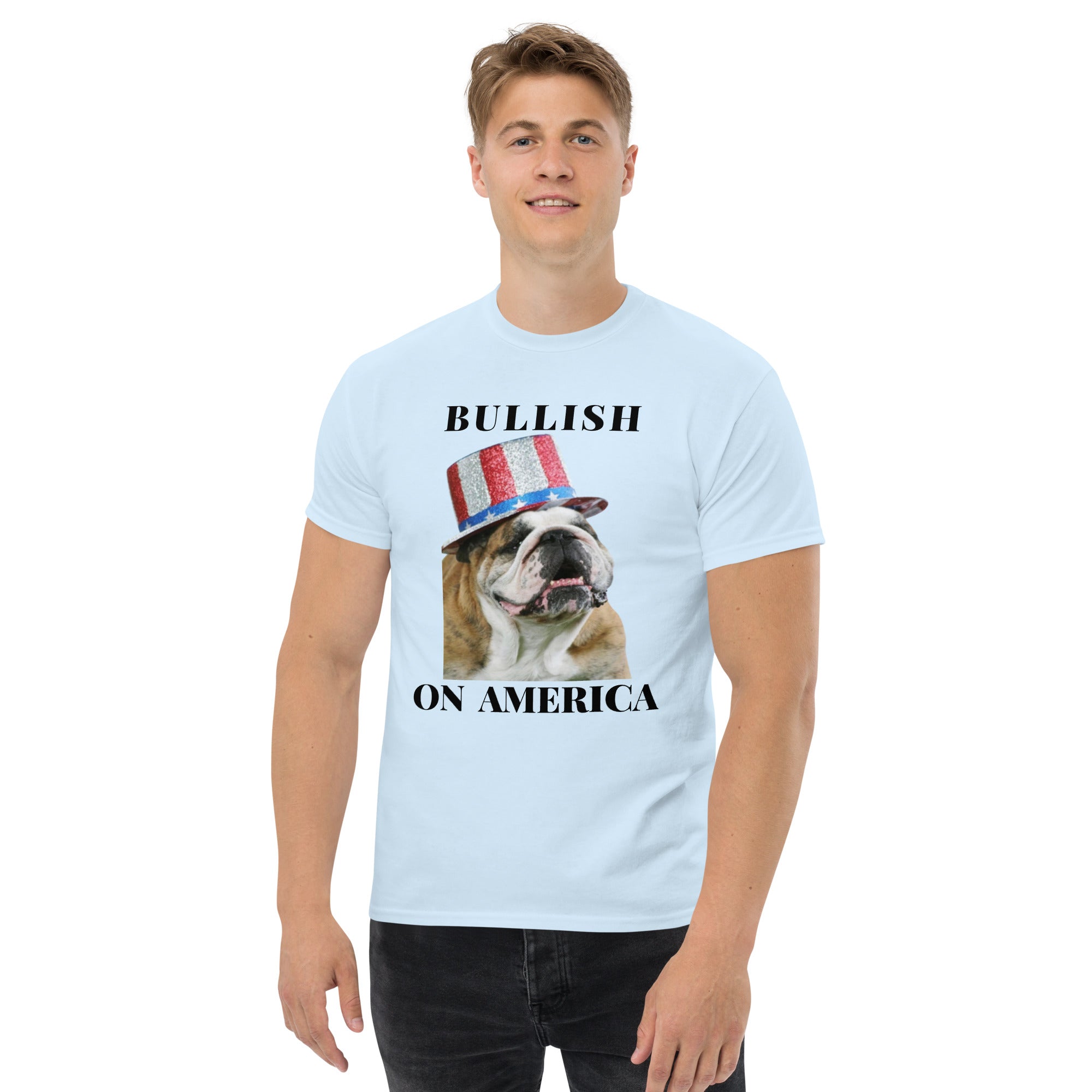 Patriotic Bulldog USA Shirt - Bullish on America design in light blue