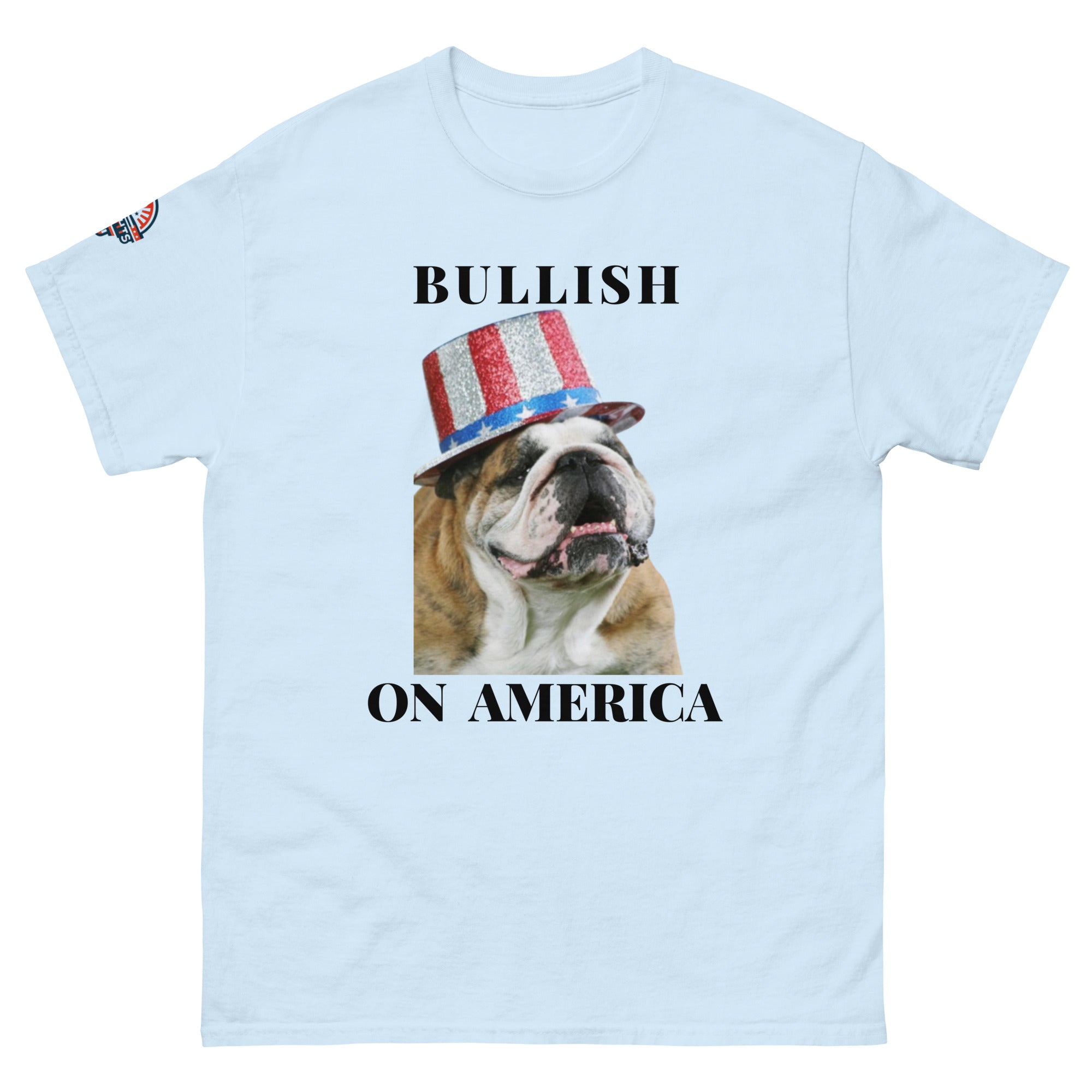 Bullish on America English Bulldog T-Shirt in light blue - patriotic USA dog lover tee