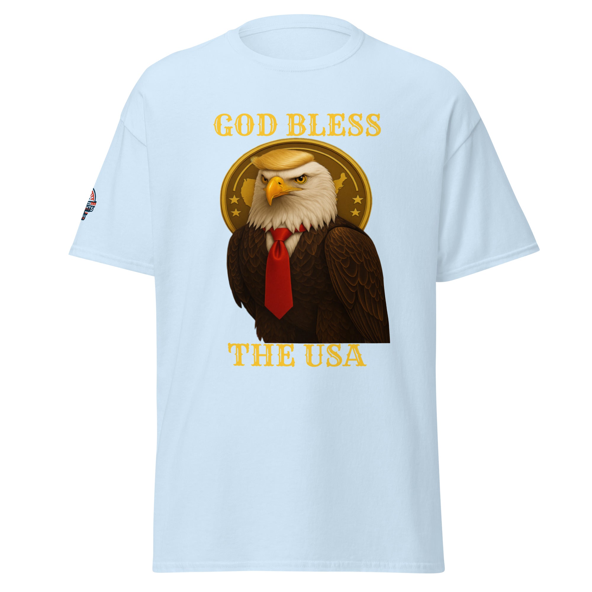 God Bless The USA patriotic Trump eagle T-shirt in light blue with Golden Age and bald eagle graphic