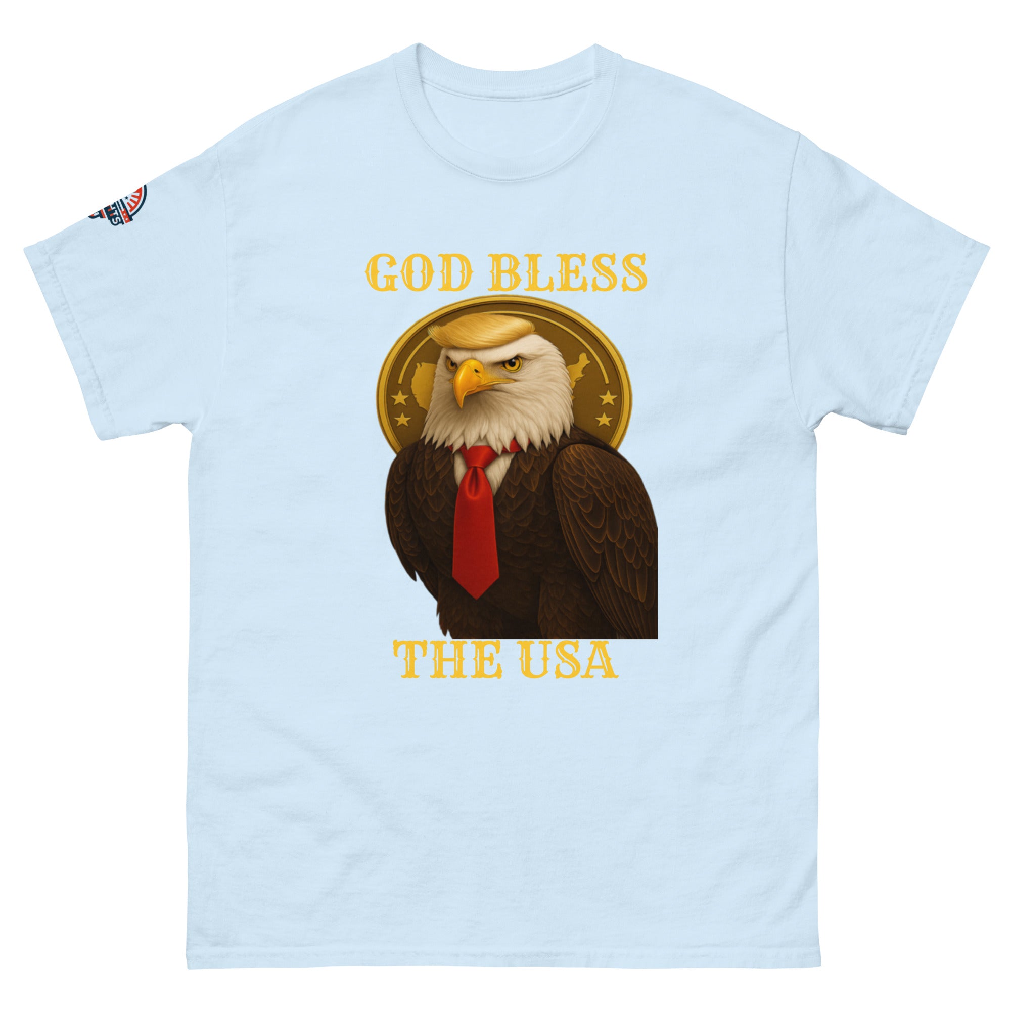God Bless The USA patriotic eagle T-shirt in light blue with Golden Age and bald eagle graphic
