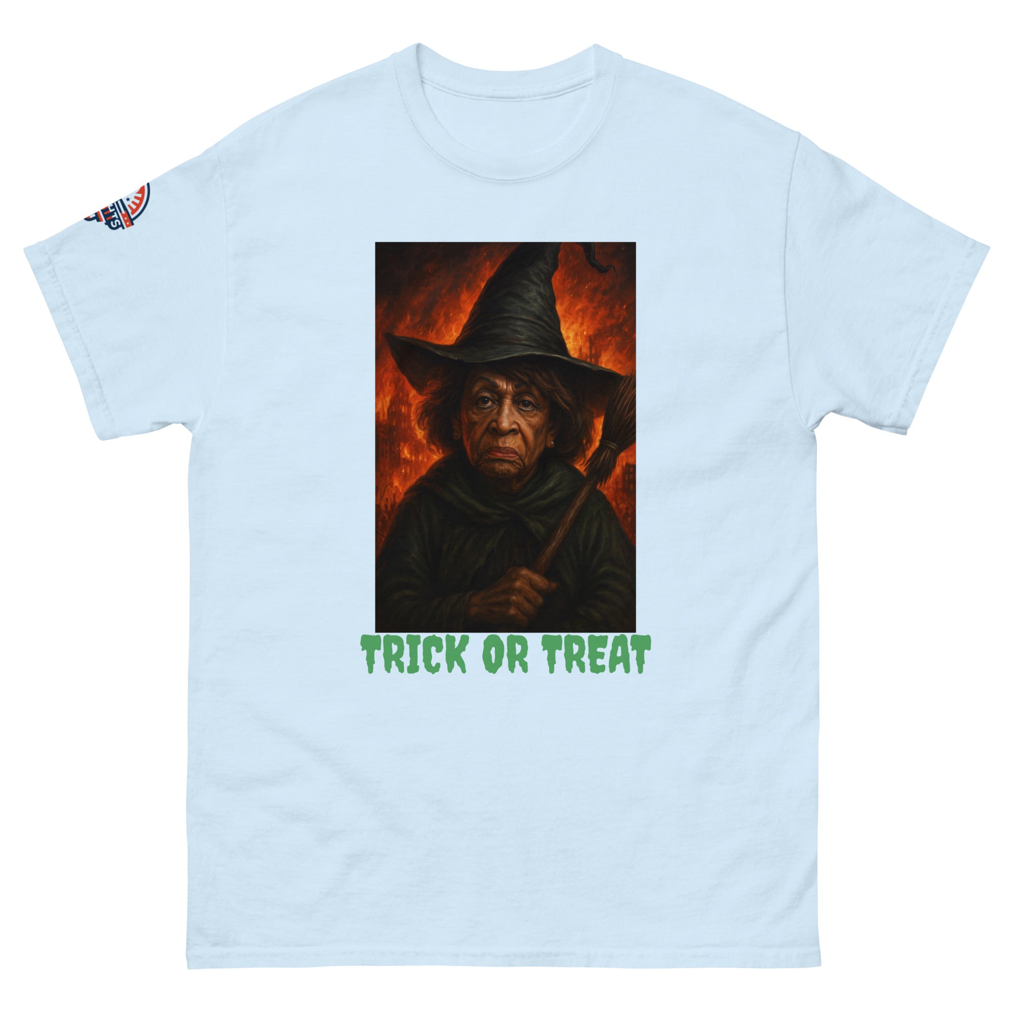Funny Halloween Witch Light Blue T-Shirt - Scary Trick or Treat Graphic Tee (front view)