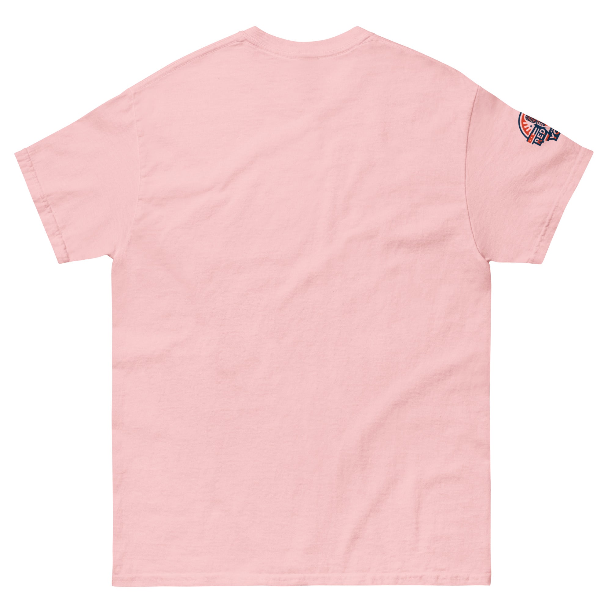 Pink t-shirt with a red rights and you logo on the sleeve.