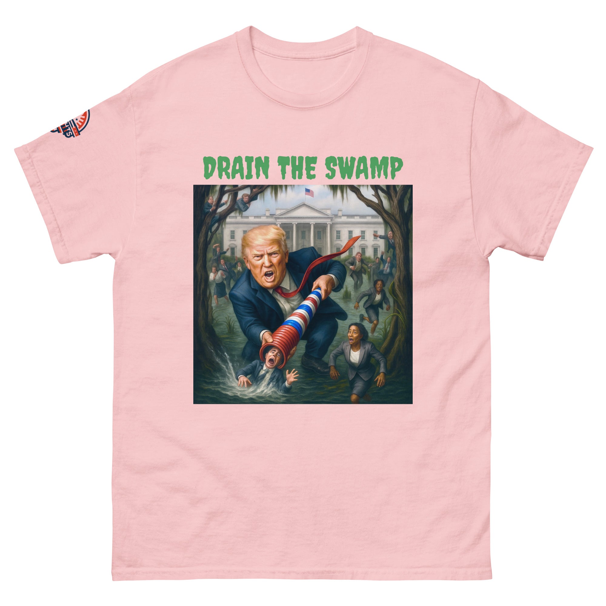 Pink Drain The Swamp Trump T-shirt with bold patriotic design - MAGA rally shirt.