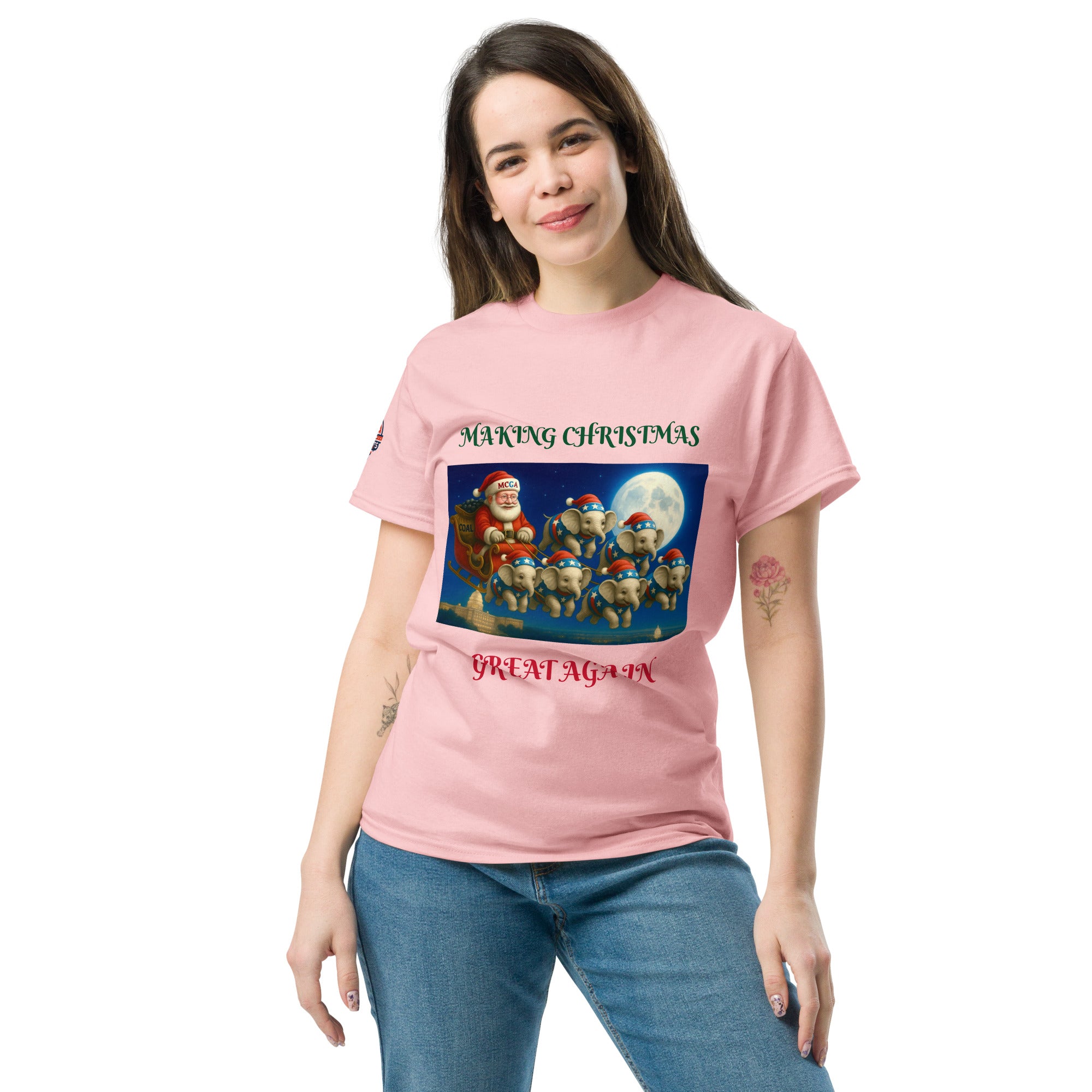 Woman wearing pink "Making Christmas Great Again" patriotic Santa shirt - casual conservative holiday outfit