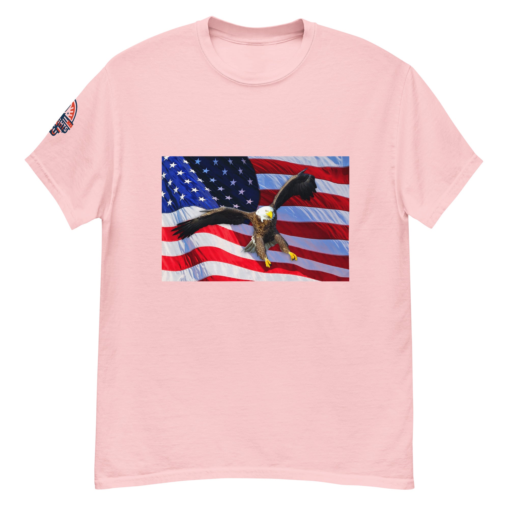 Pink t-shirt with an American flag and bald eagle graphic.