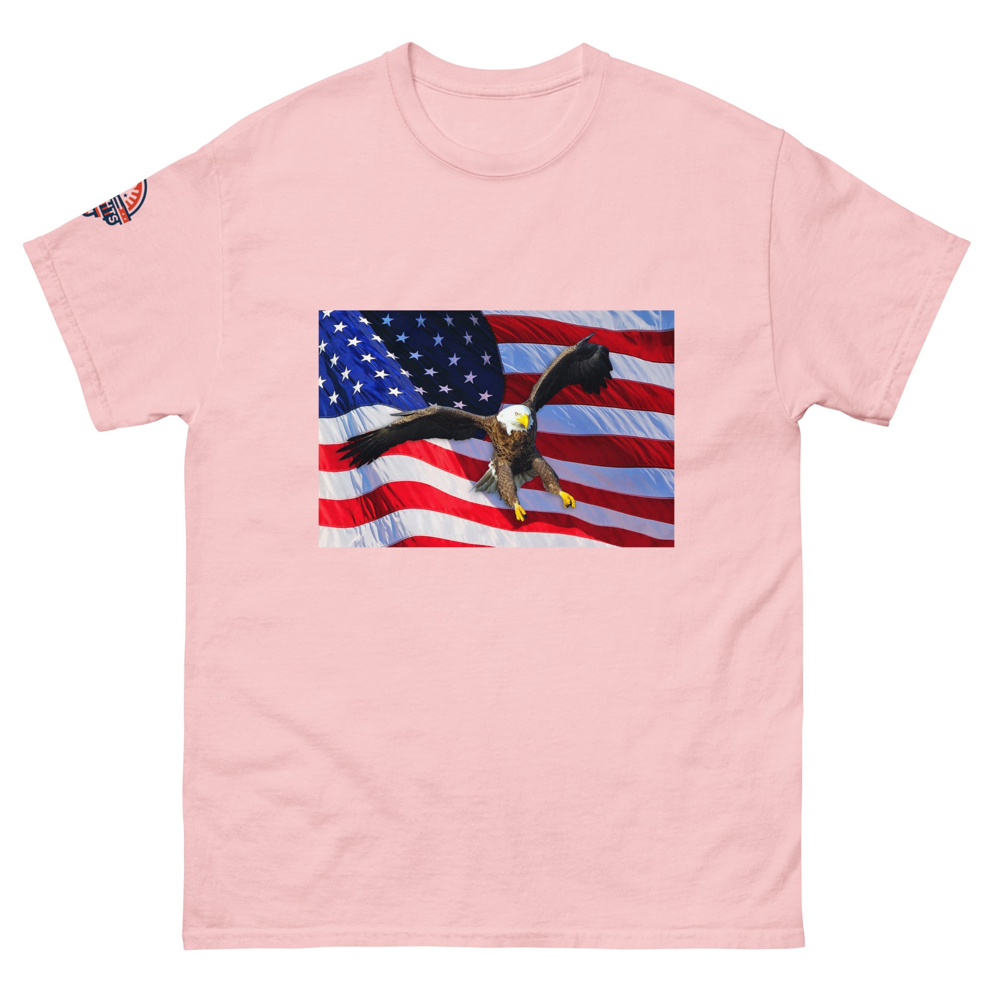 Pink t-shirt with an American flag and bald eagle design.
