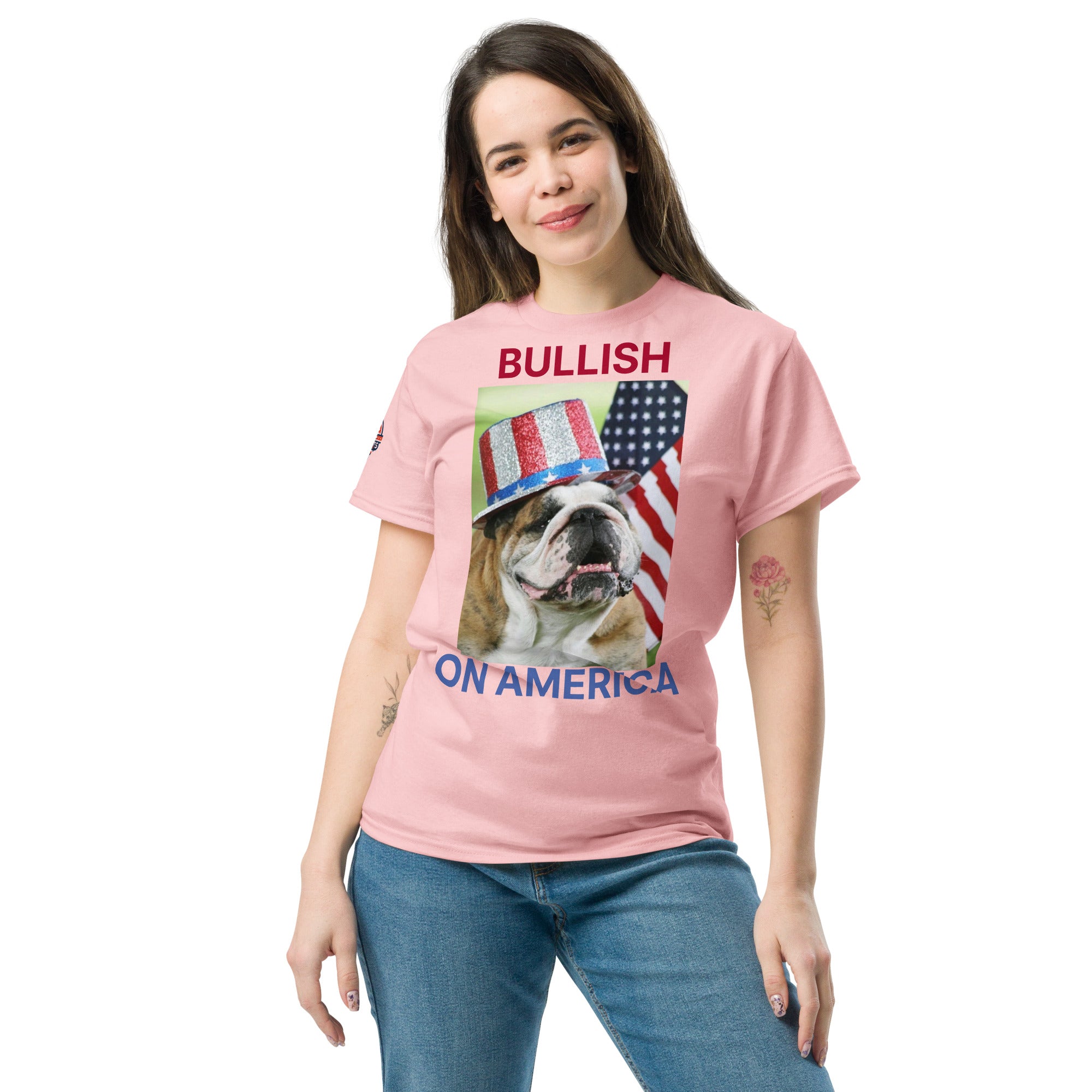 Woman wearing pink Patriotic Bullish on America Bulldog with Uncle Sam hat shirt.