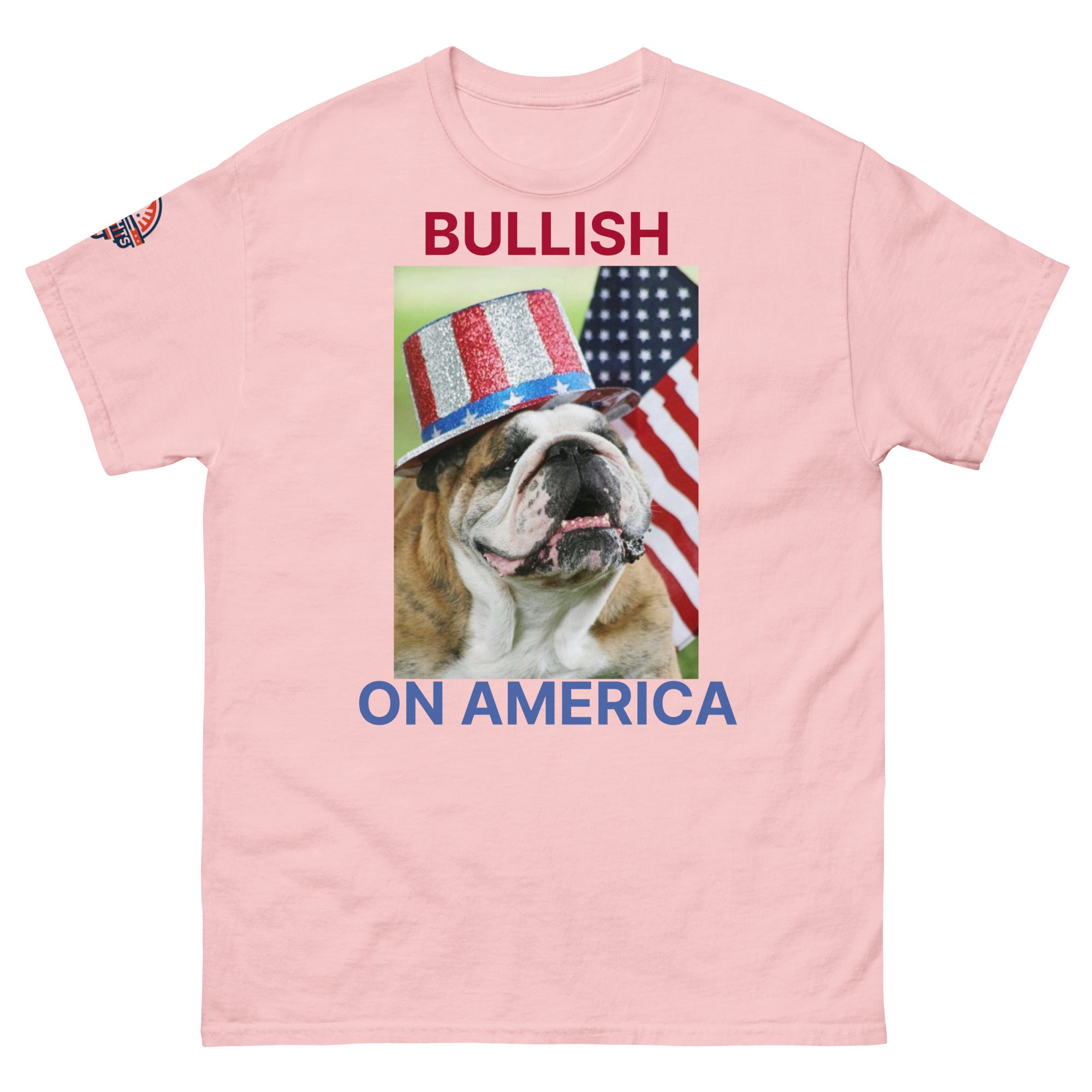 Bullish on America English Bulldog T-Shirt with Uncle Sam hat in pink - patriotic USA dog lover tee