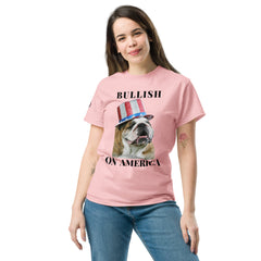Woman wearing Bullish on America English Bulldog Shirt - patriotic USA graphic tee