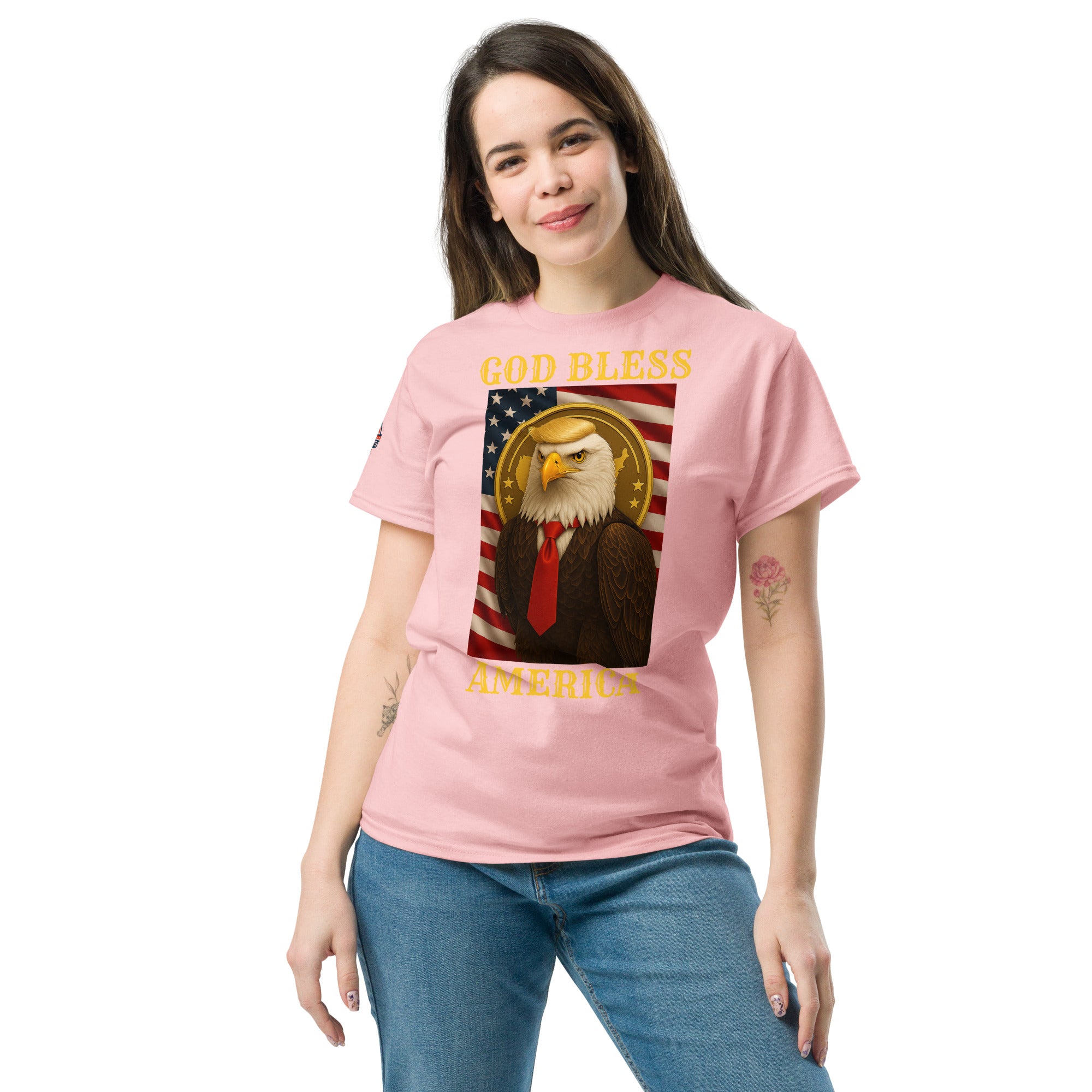 Patriotic God Bless America Trump eagle T-shirt available in multiple colors, unisex classic fit tee