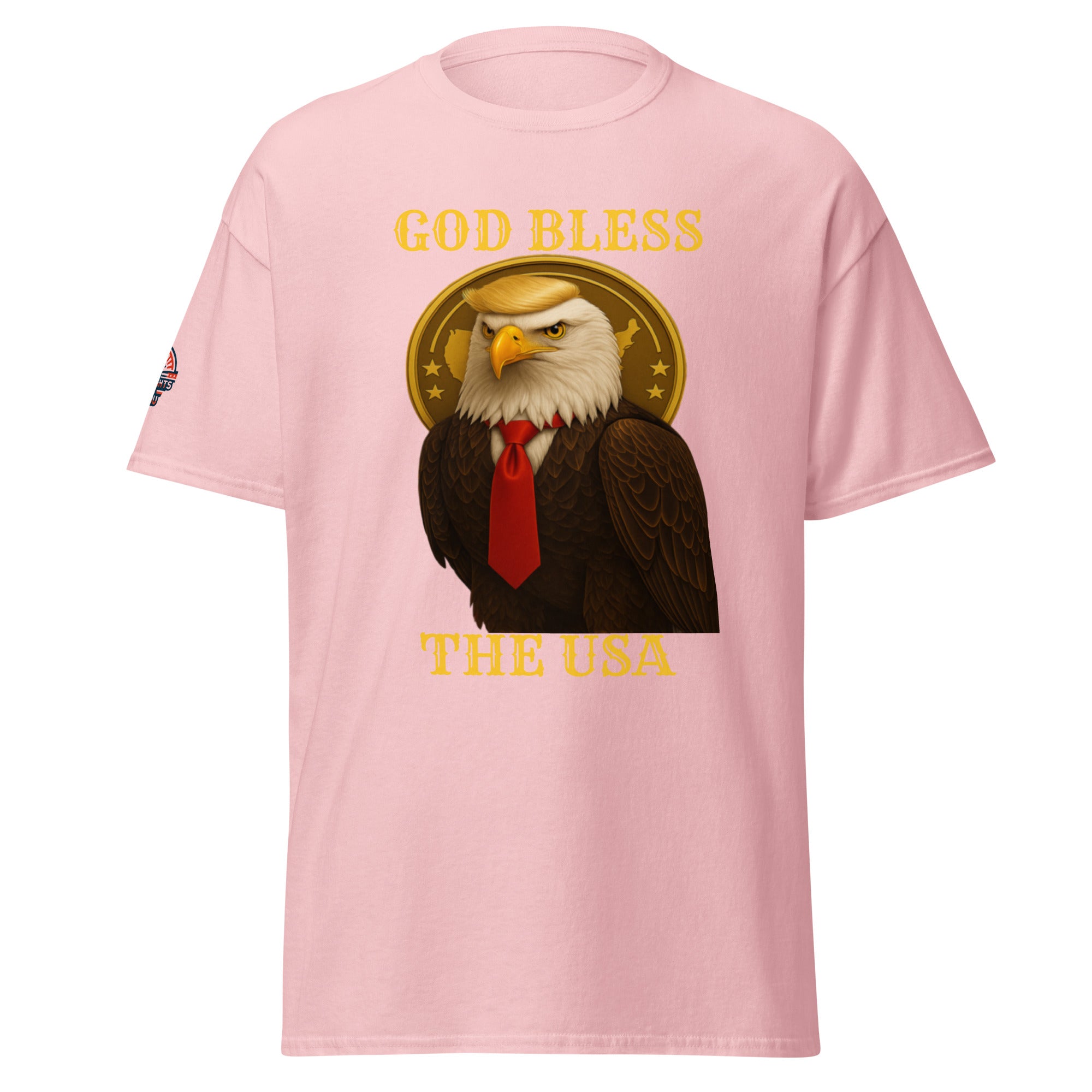 God Bless The USA patriotic Trump eagle T-shirt in pink with Golden Age and bald eagle graphic