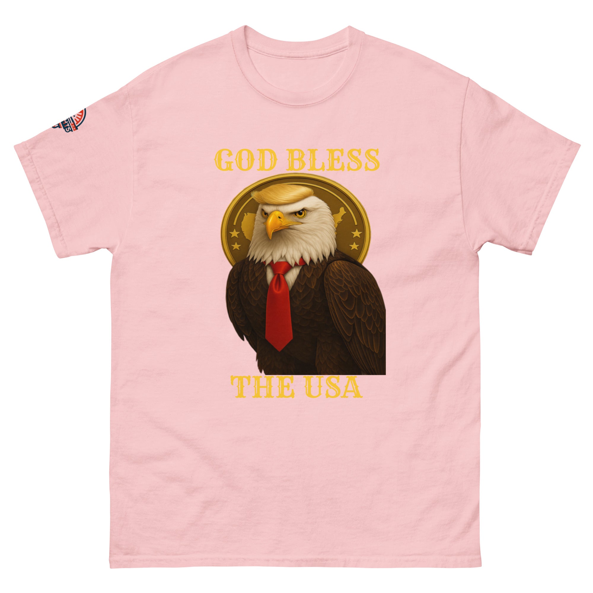 God Bless The USA patriotic eagle T-shirt in pink with Golden Age and bald eagle graphic