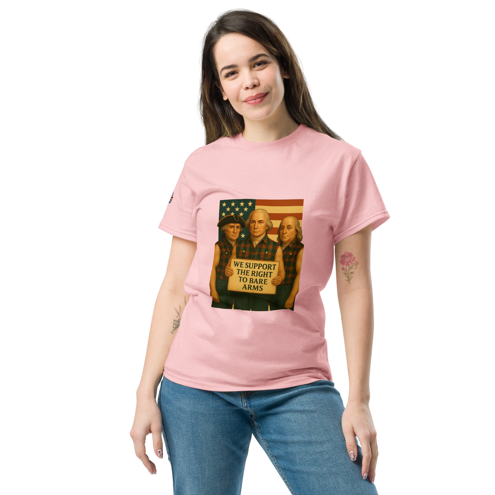 Woman wearing pink Founding Fathers patriotic tee