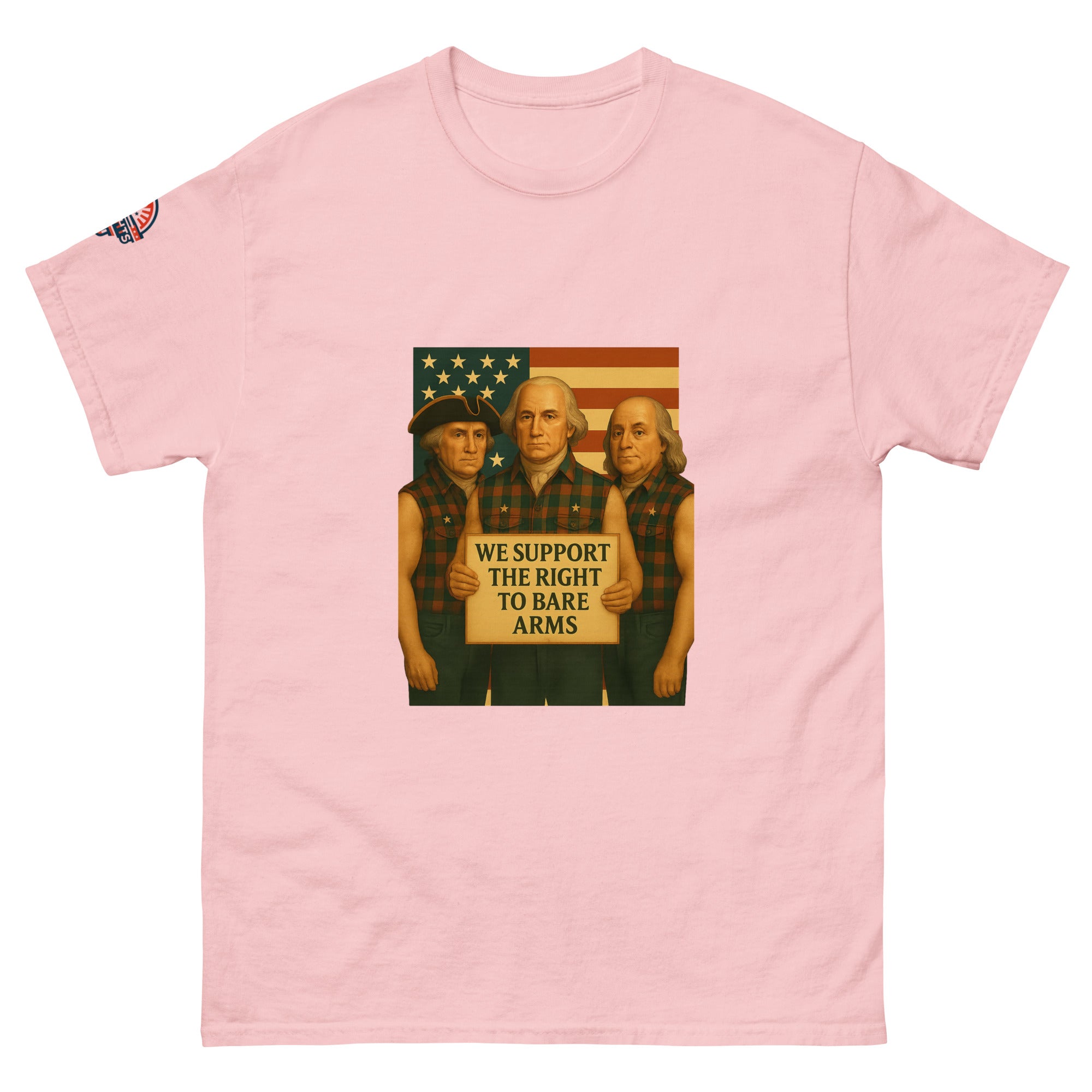 Front view of Founding Fathers "Right to Bare Arms" flag funny patriotic t-shirt in pink