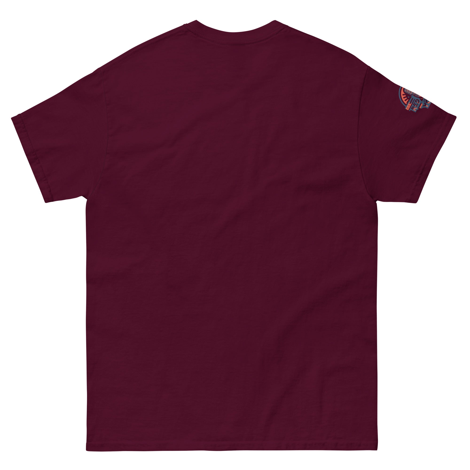 Maroon t-shirt rear view with a red rights & you logo on the sleeve 