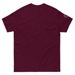 Maroon t-shirt rear view with a red rights & you logo on the sleeve 