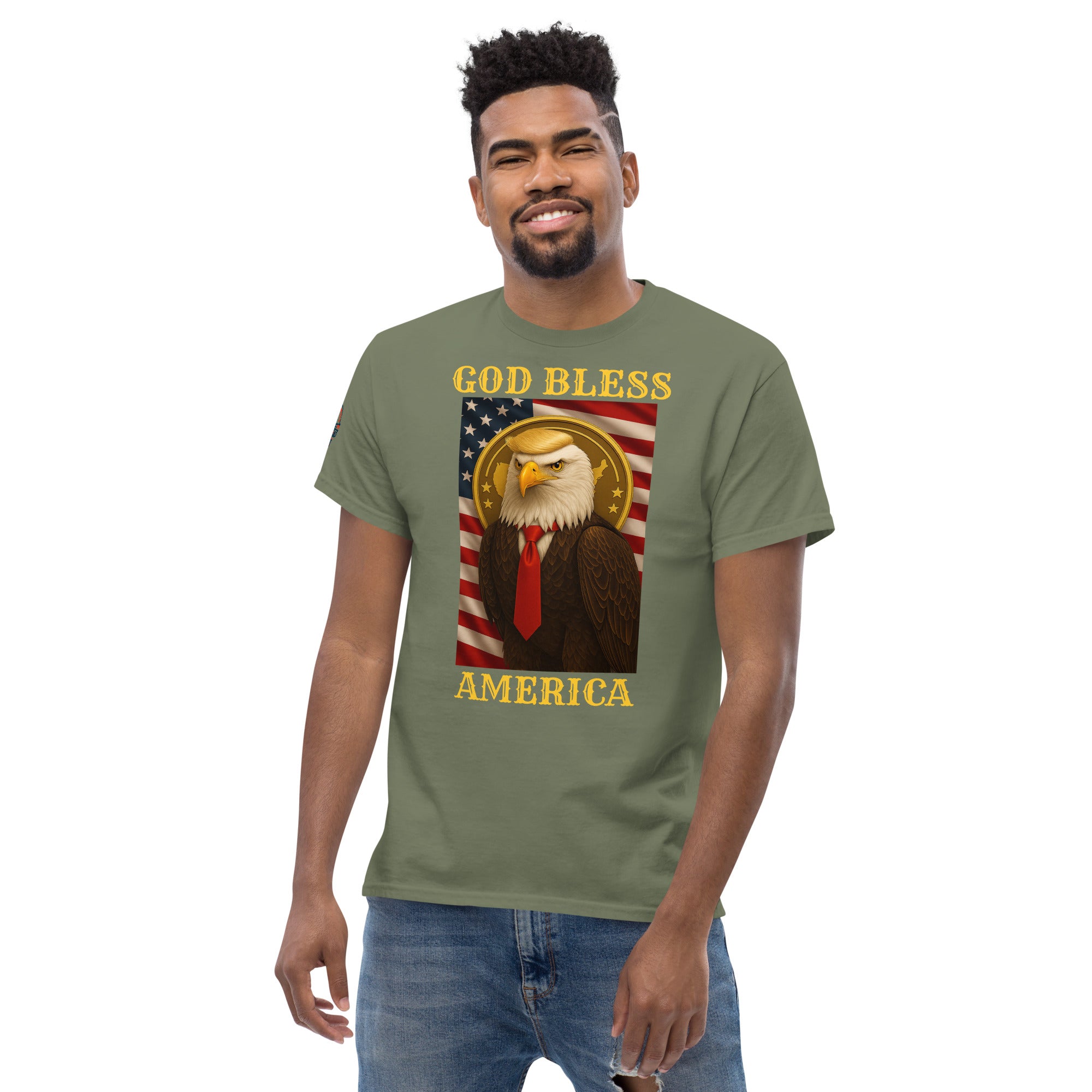 Patriotic God Bless America Trump eagle T-shirt available in multiple colors, unisex classic fit tee