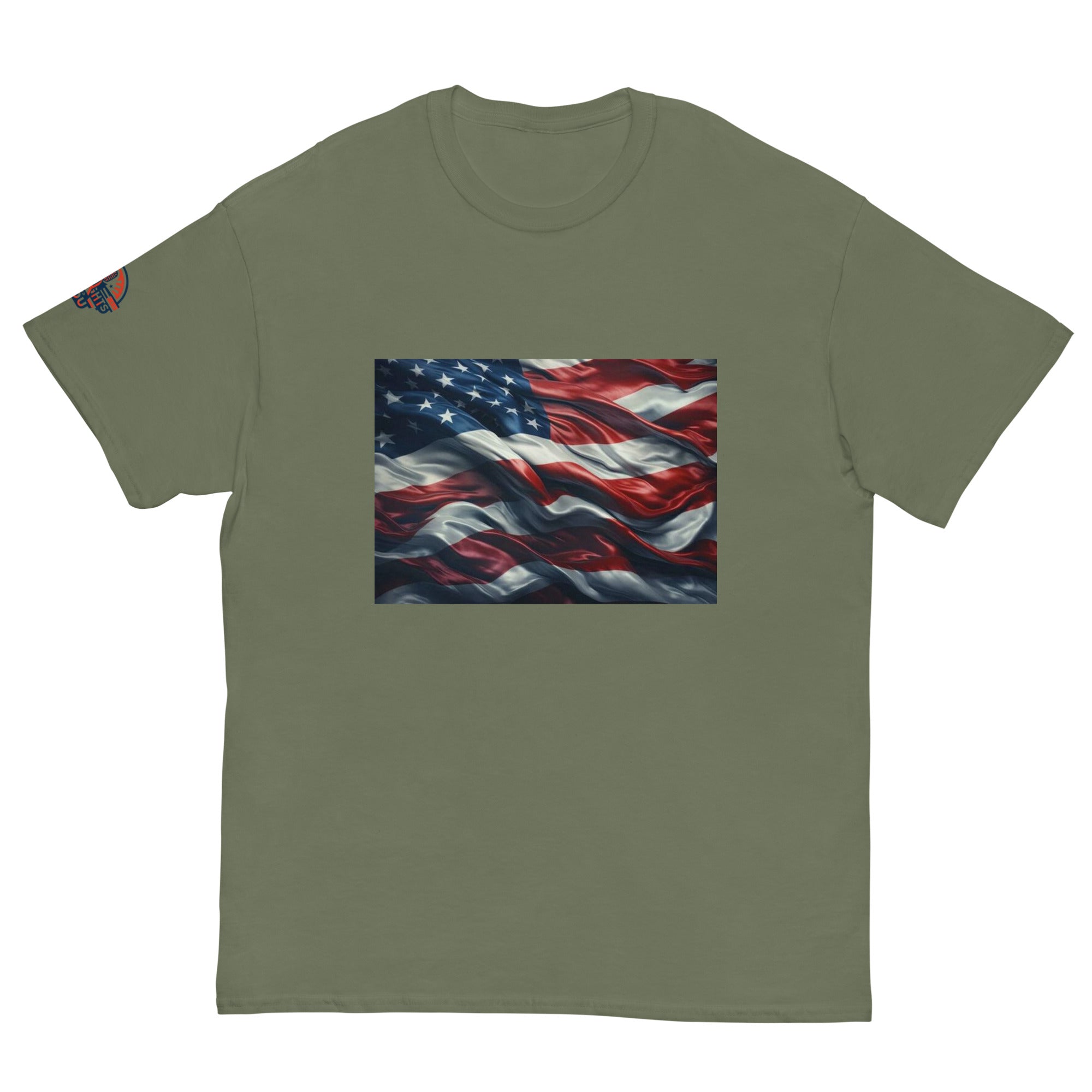 Military Green Waves of Freedom American Flag T-Shirt for Men and Women