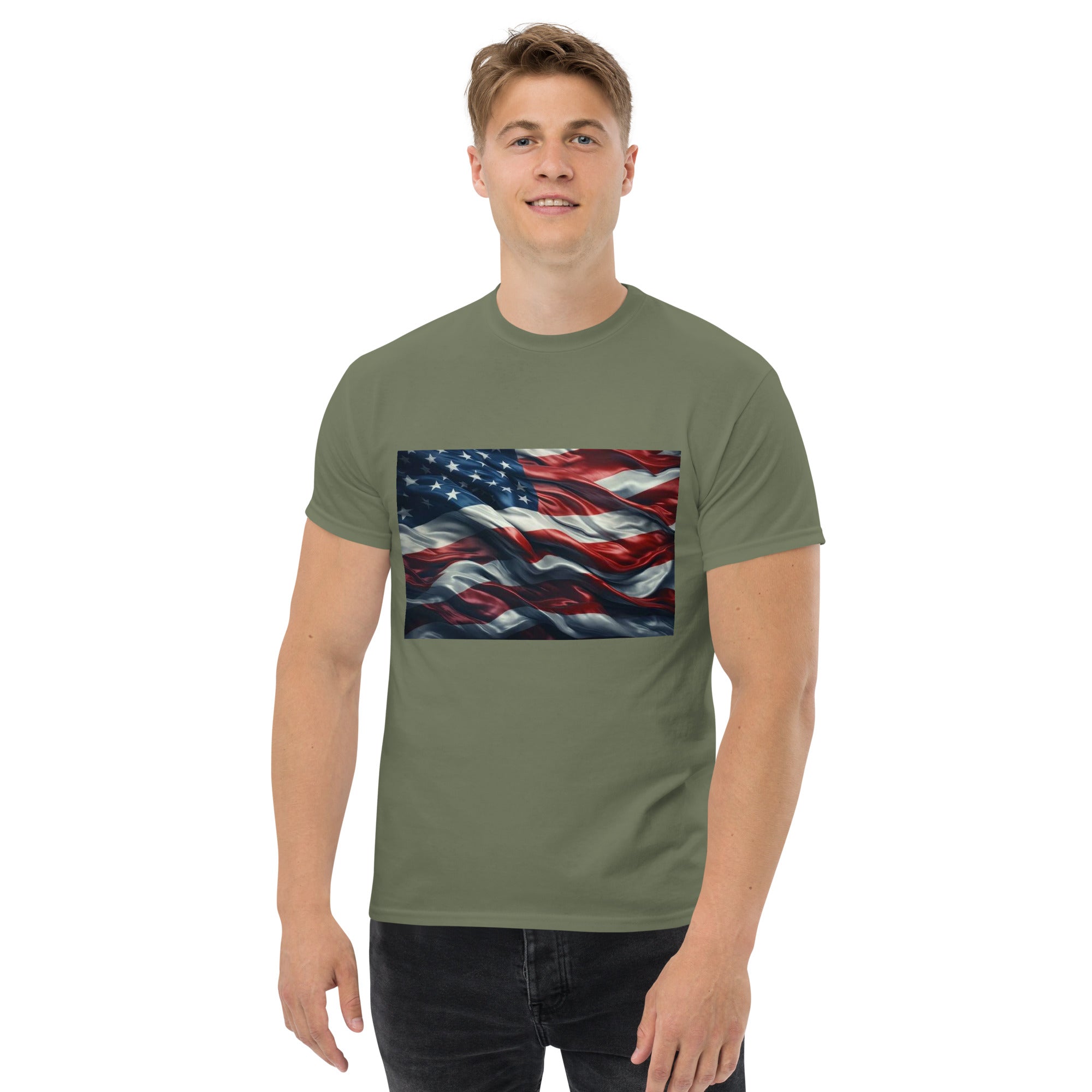 Man wearing military green Waves of Freedom USA flag T-Shirt