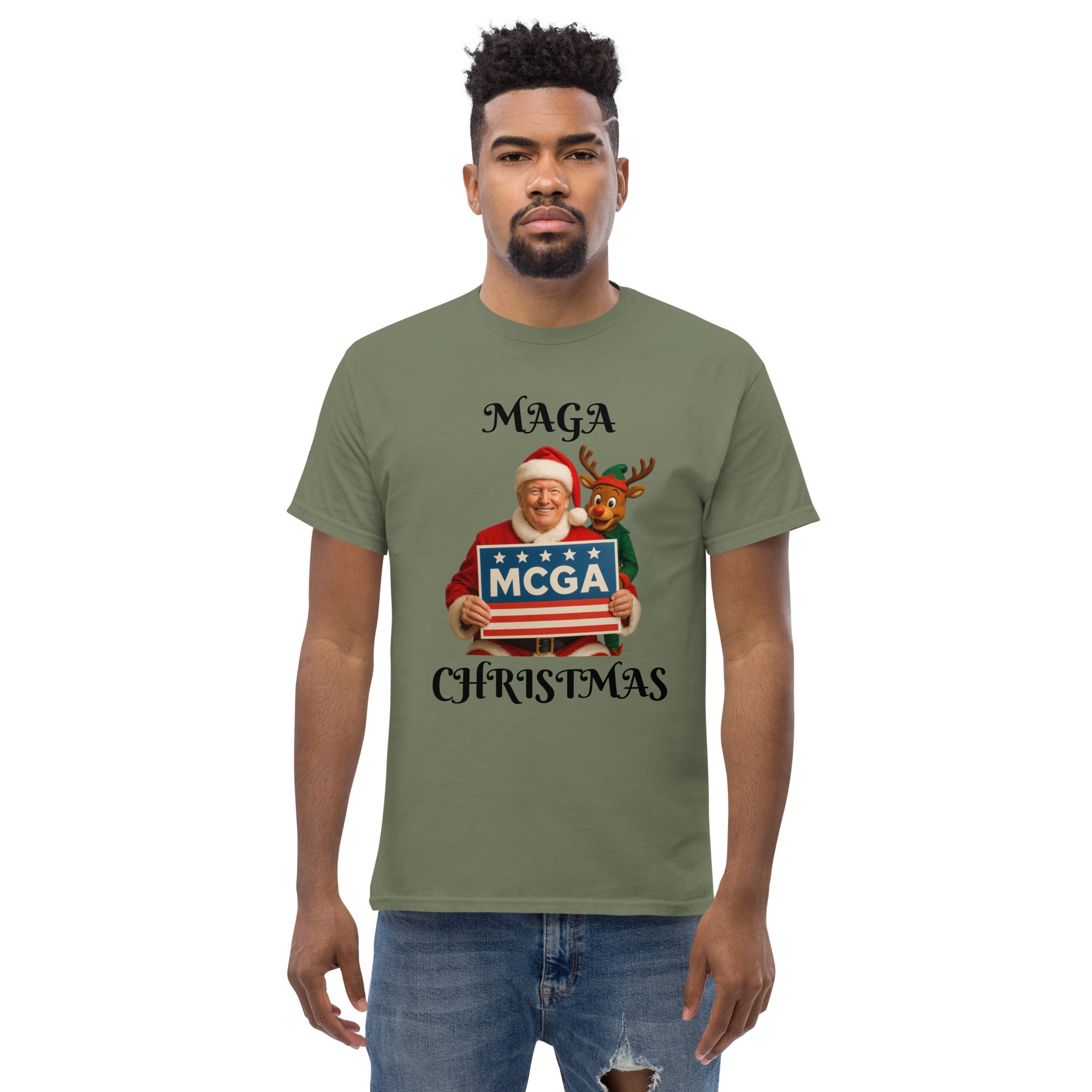 Man wearing MAGA Trump Christmas T-shirt in military green - patriotic holiday shirt