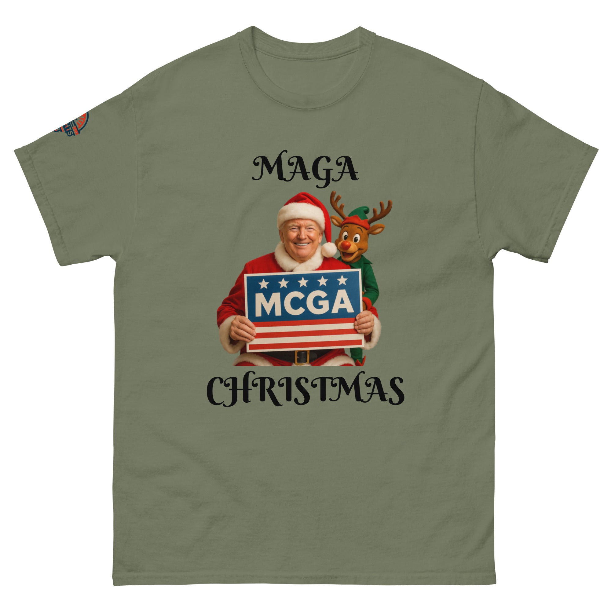 Santa Trump MAGA Christmas T-Shirt in military green - patriotic holiday shirt
