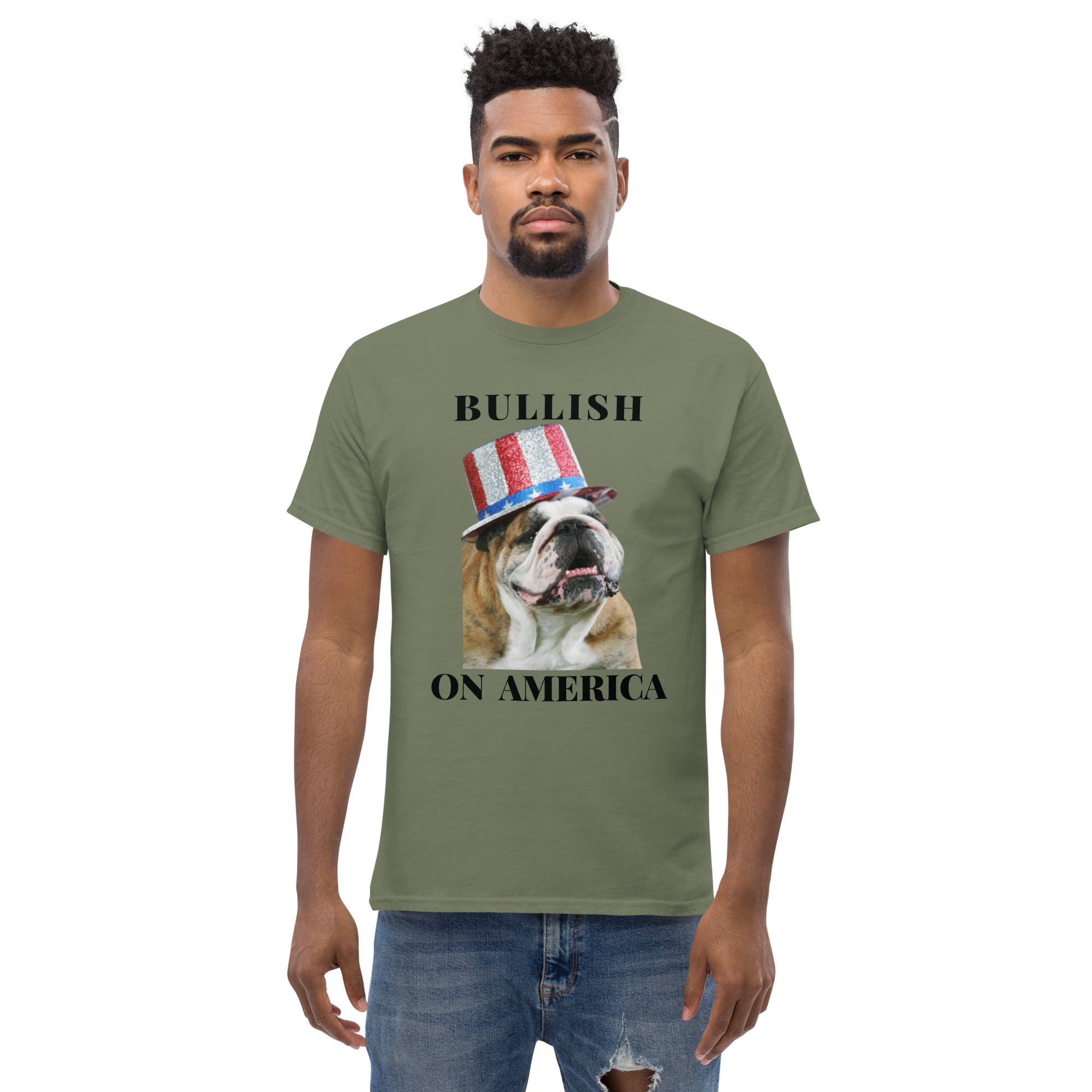 Patriotic Bulldog USA Shirt - Bullish on America design in olive green