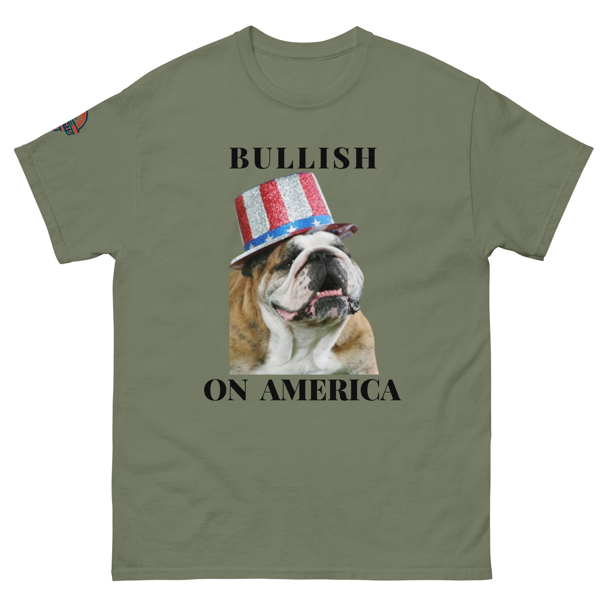 Bullish on America English Bulldog Patriotic Shirt in army green