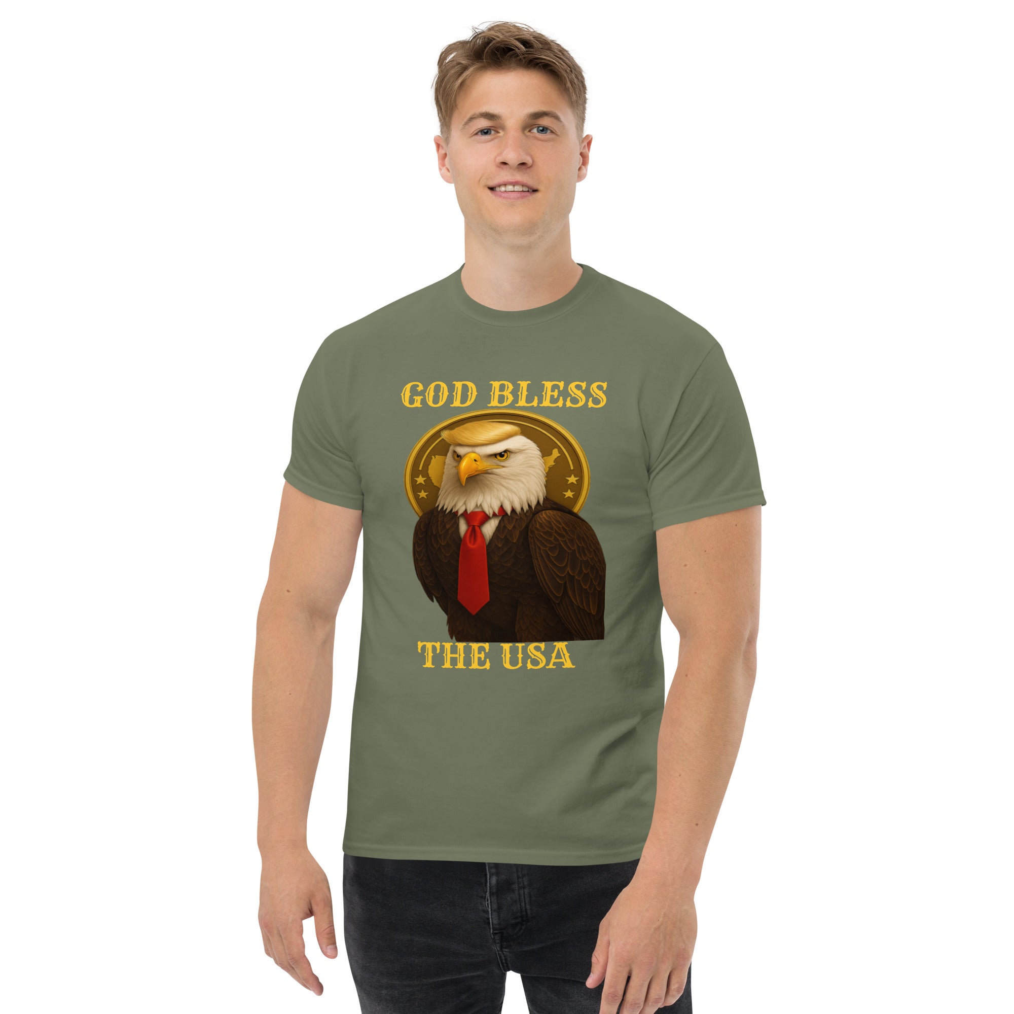 Patriotic God Bless The USA Trump eagle T-shirt available in multiple colors, unisex classic fit tee
